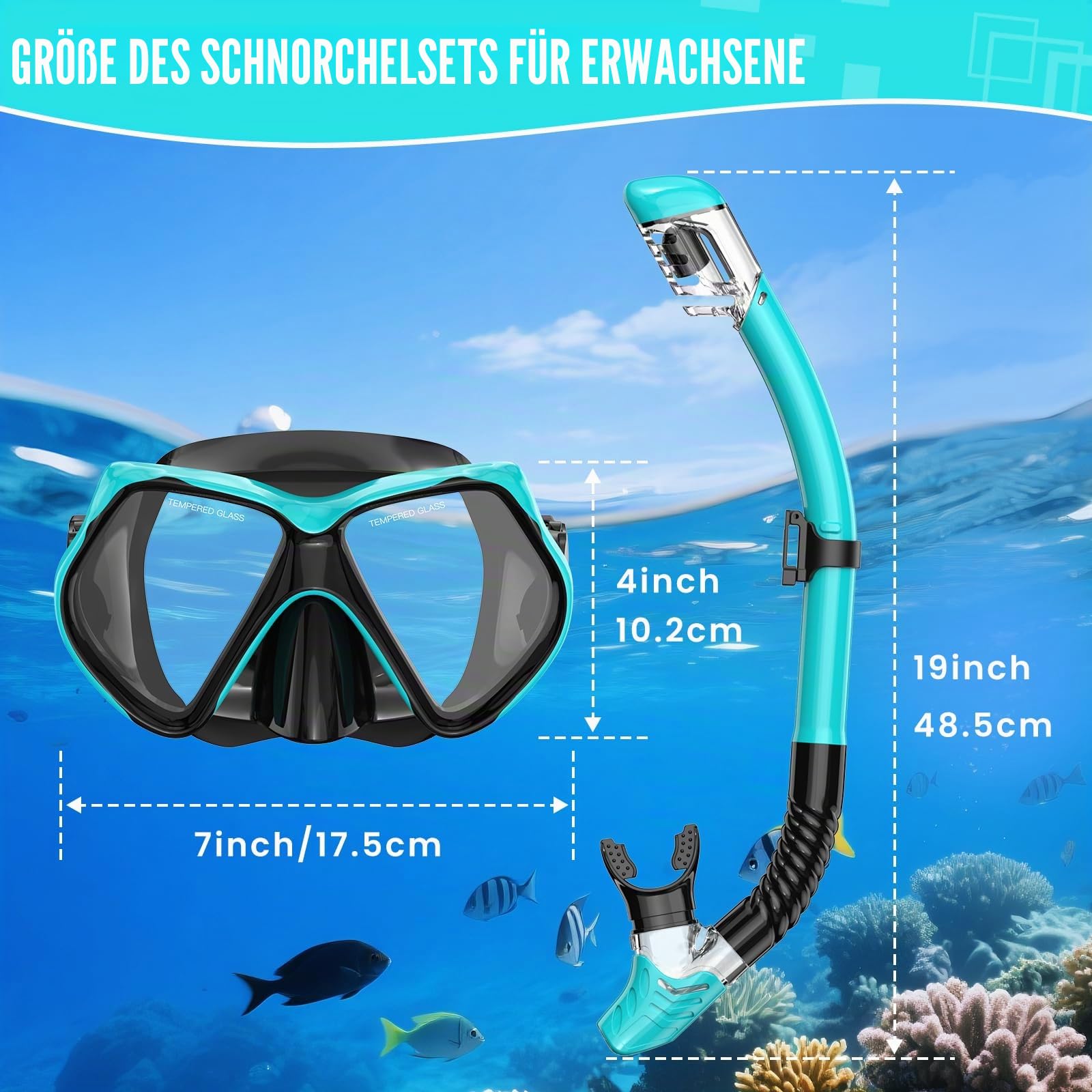 Schnorchelausrüstung für Erwachsene, Schnorchel-Set, Tauchmaske, Dry-Top, Erwachsenen-Schwimmbrille mit Nasenabdeckung, HD-gehärtetes Glas, Panorama-Anti-Leck, Anti-Beschlag, Reise-Schnorchelpakete