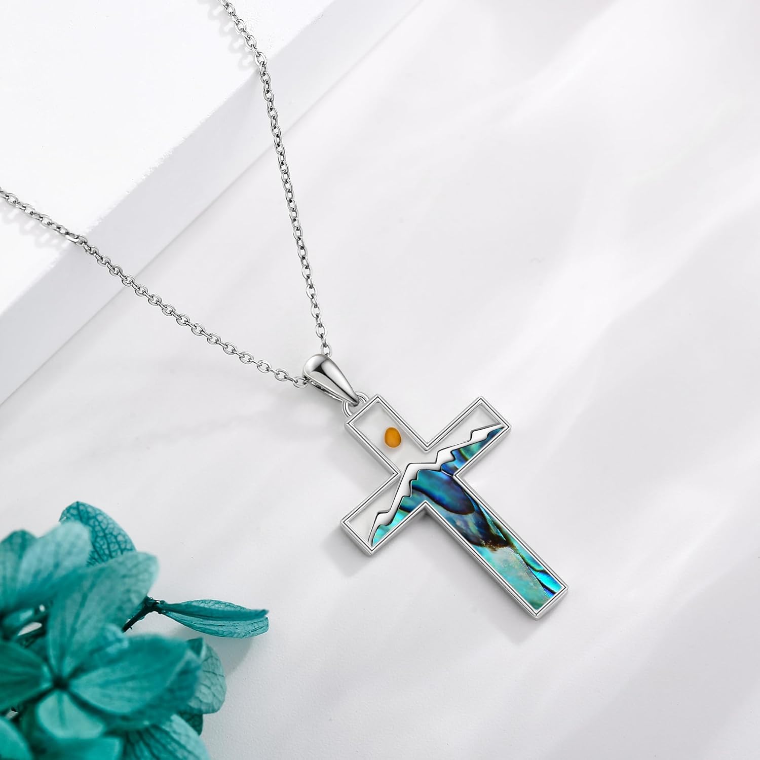 Mountain Necklace 925 Sterling Silver Cross Mustard Seed Pendant Nature Jewelry Gift for Women Outdoorsy Skiers Hikers Campers Climbers Nature Lovers - Image 3