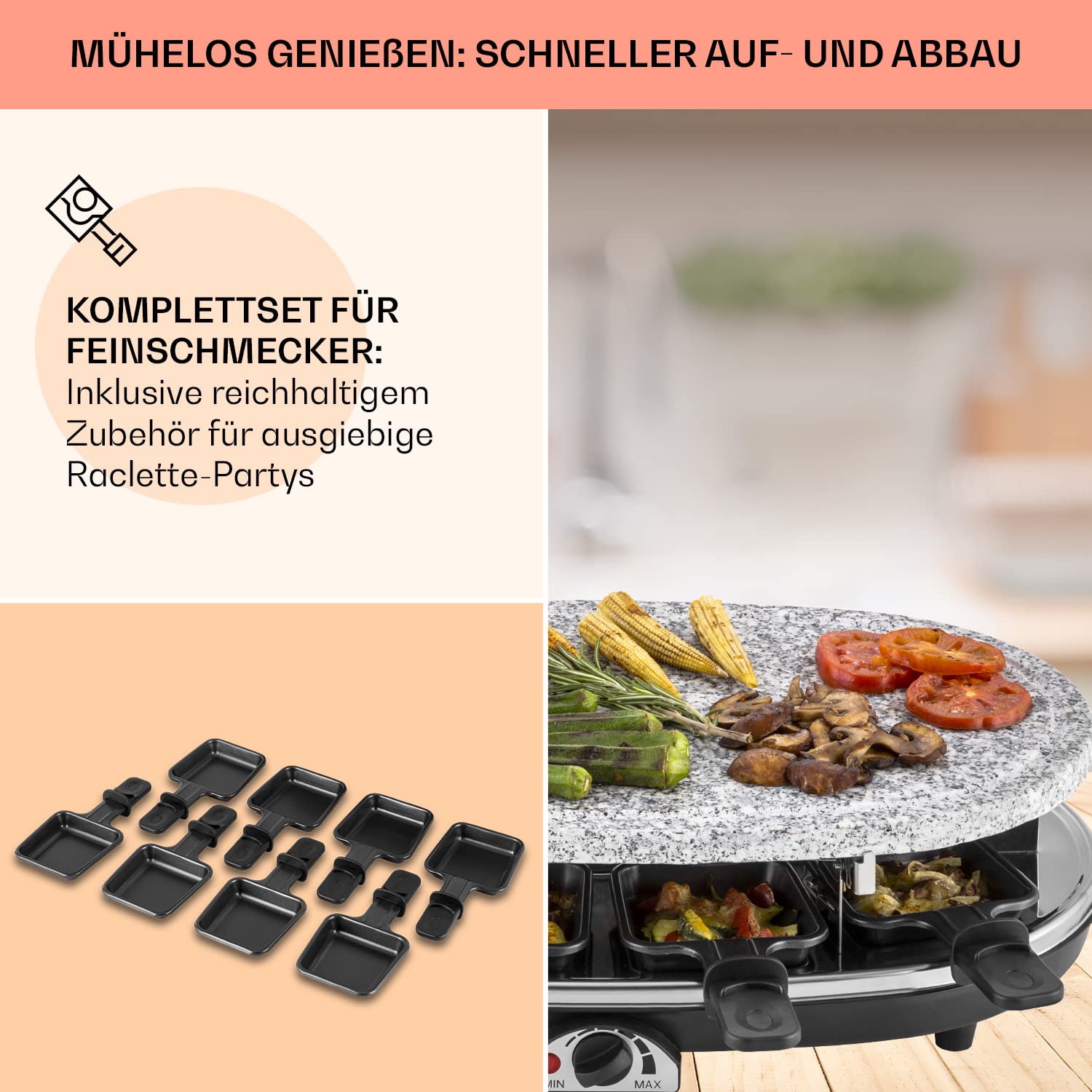 Klarstein Raclette-Tischgrill für 8 Personen mit Steinplatte, Großer , 1500W -Grill, Gerät mit 8 Pfännchen, -Ofen Groß für Käse & Fleisch für 4-8 Personen