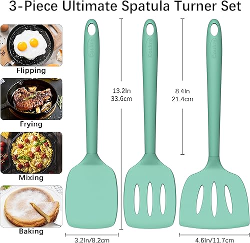 Miniatura 2 de Coukre Juego de 3 espátulas de silicona, resistentes a altas temperaturas, sin BPA, espátula para pescado, volteador sólido y con ranuras para
