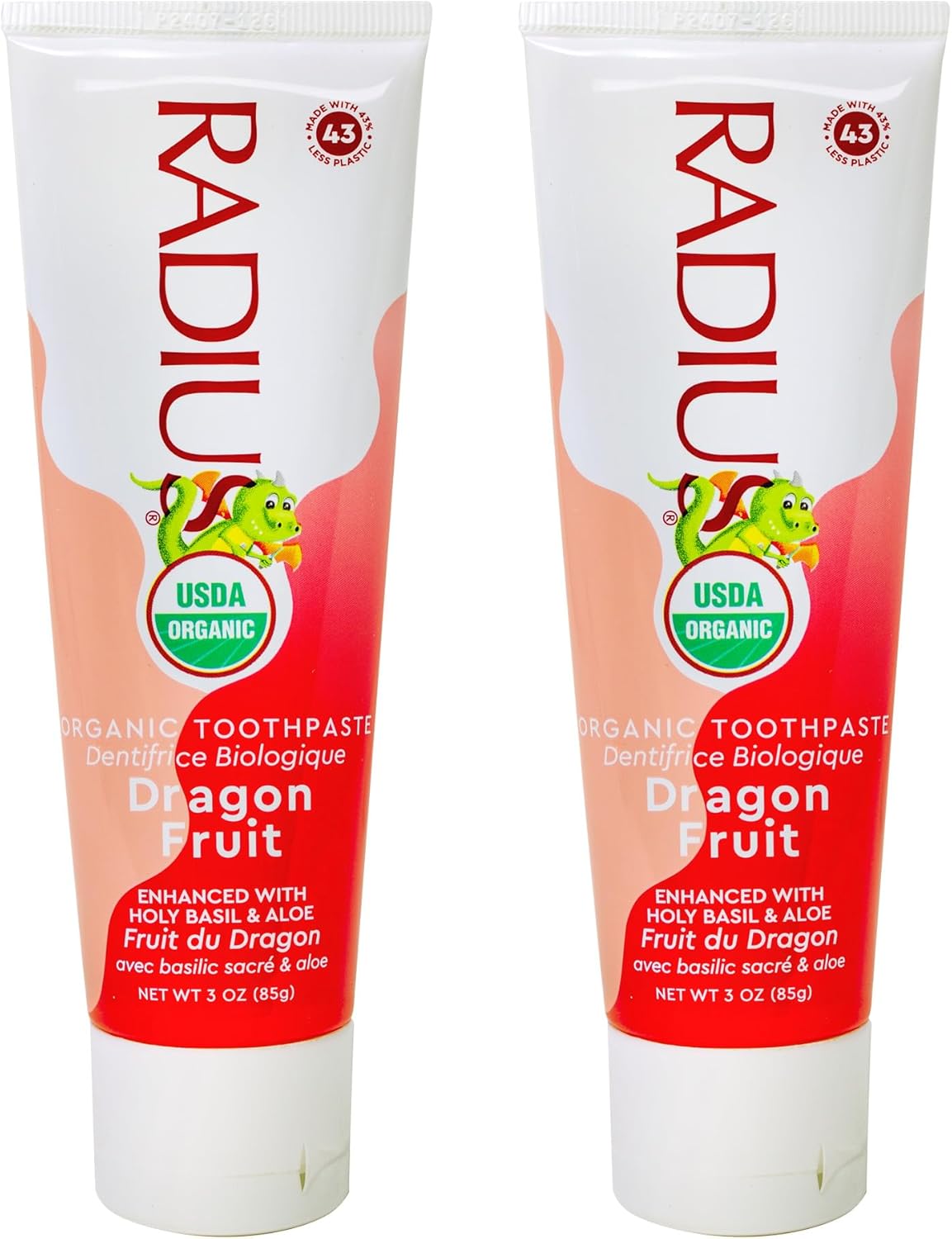 RADIUS USDA Organic Kids Toothpaste 3oz Non Toxic Chemical-Free Gluten-Free Designed to Improve Gum Health for Children's 6 Months and Up - Dragon Fruit - Pack of 2