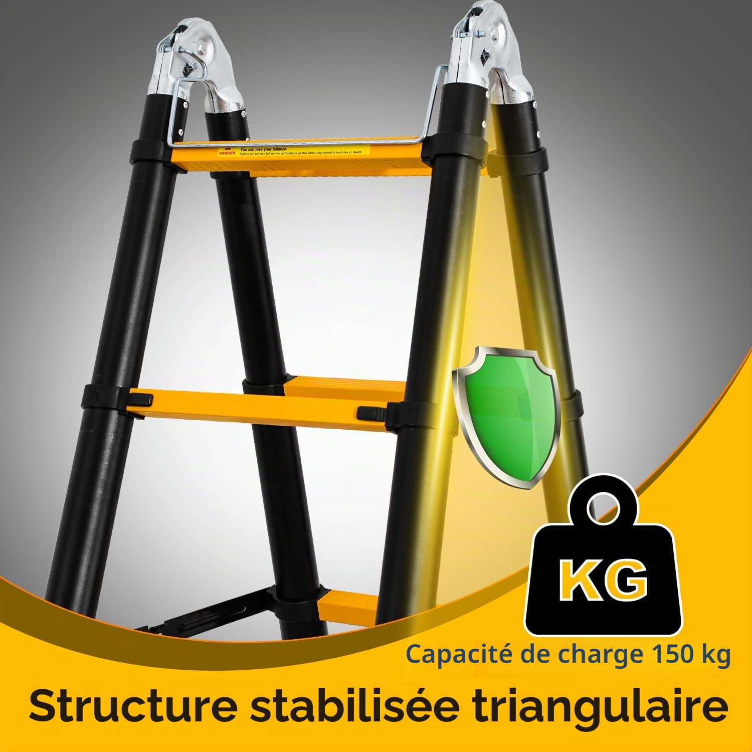Eulenke Échelle télescopique en Aluminium, escabeau Multi-Usage 5m (2,5m + 2,5m) avec stabilisateur, echelle Pliante Charge maximale : 330lbs / 150 kg, Antidérapante escabeau telescopique, argenté