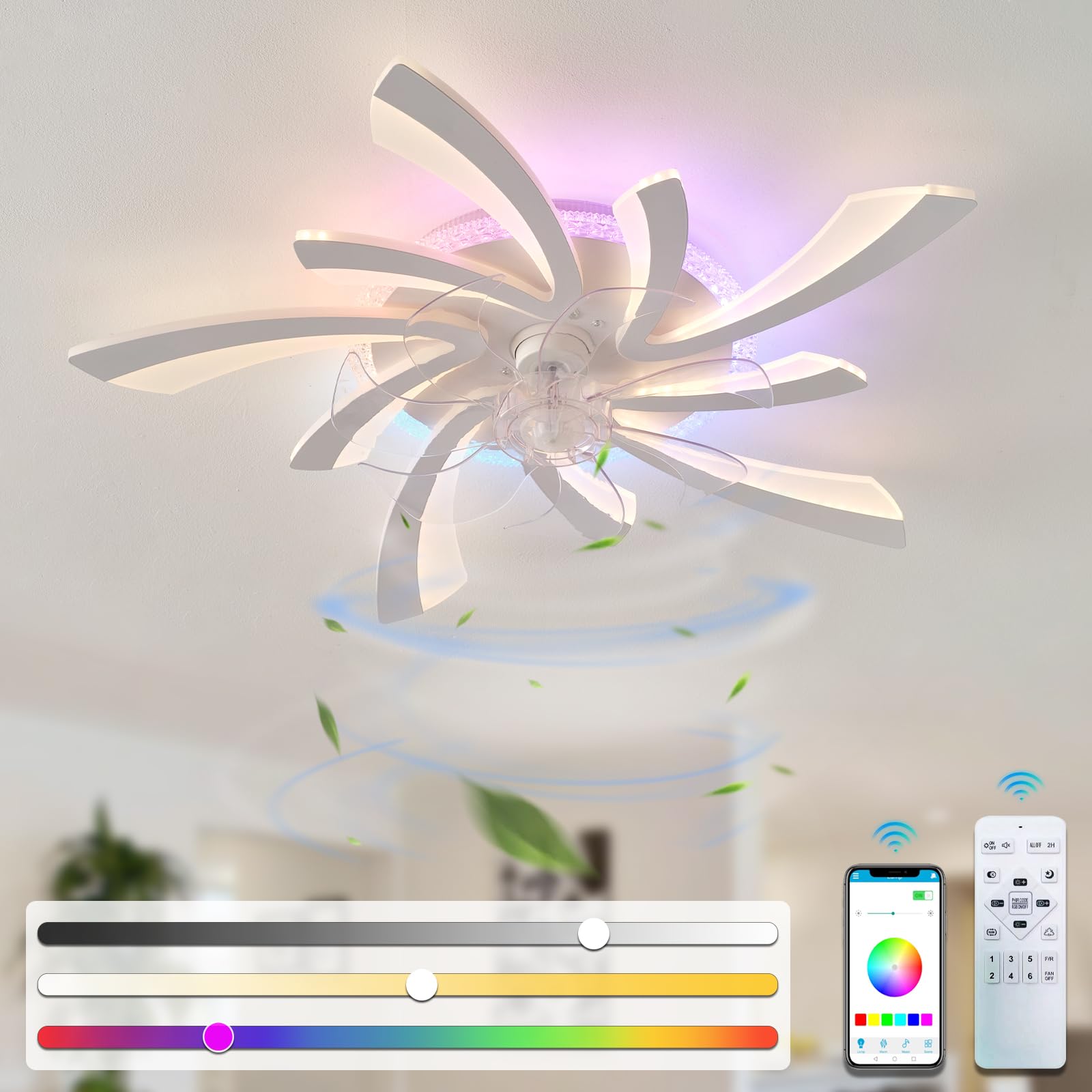 YFouCnd I Quiet Ceiling Fans with Lights, RGB Dimmable Fan Ceiling Light with Remote Control Reversible 6 Speed, LED Modern Flower Shape Design Fan Chandelier for Living Room Bedroom Fan Light,Φ 78cm