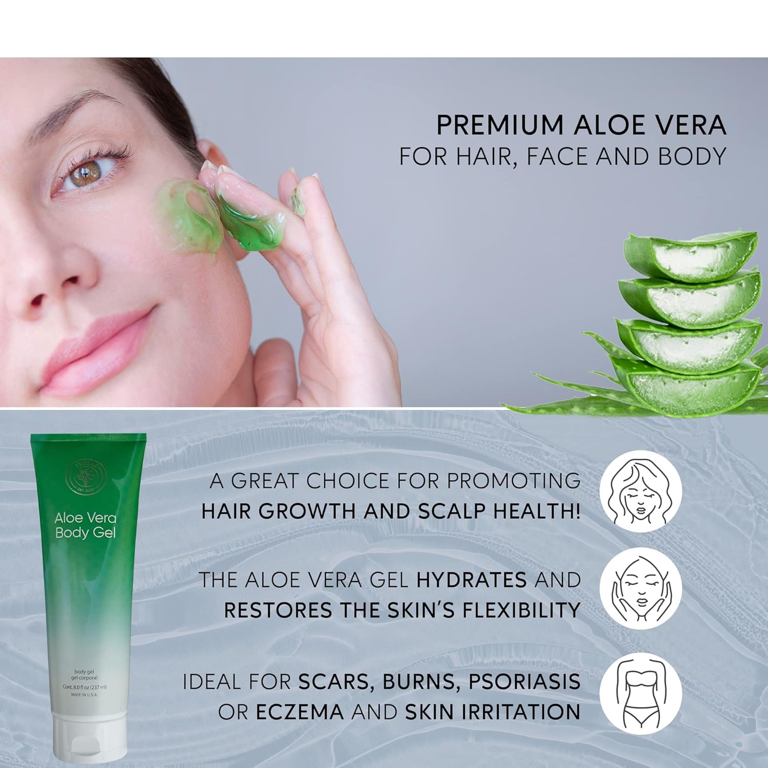 L'eudine Aloe Vera Gel Pack of 3 8Fl Oz Premium Aloe Vera for Hair, Face and Body Rich in Nutrients and Vitamins Ideal for Burns, Scars, Massage Hydrating and Soothing