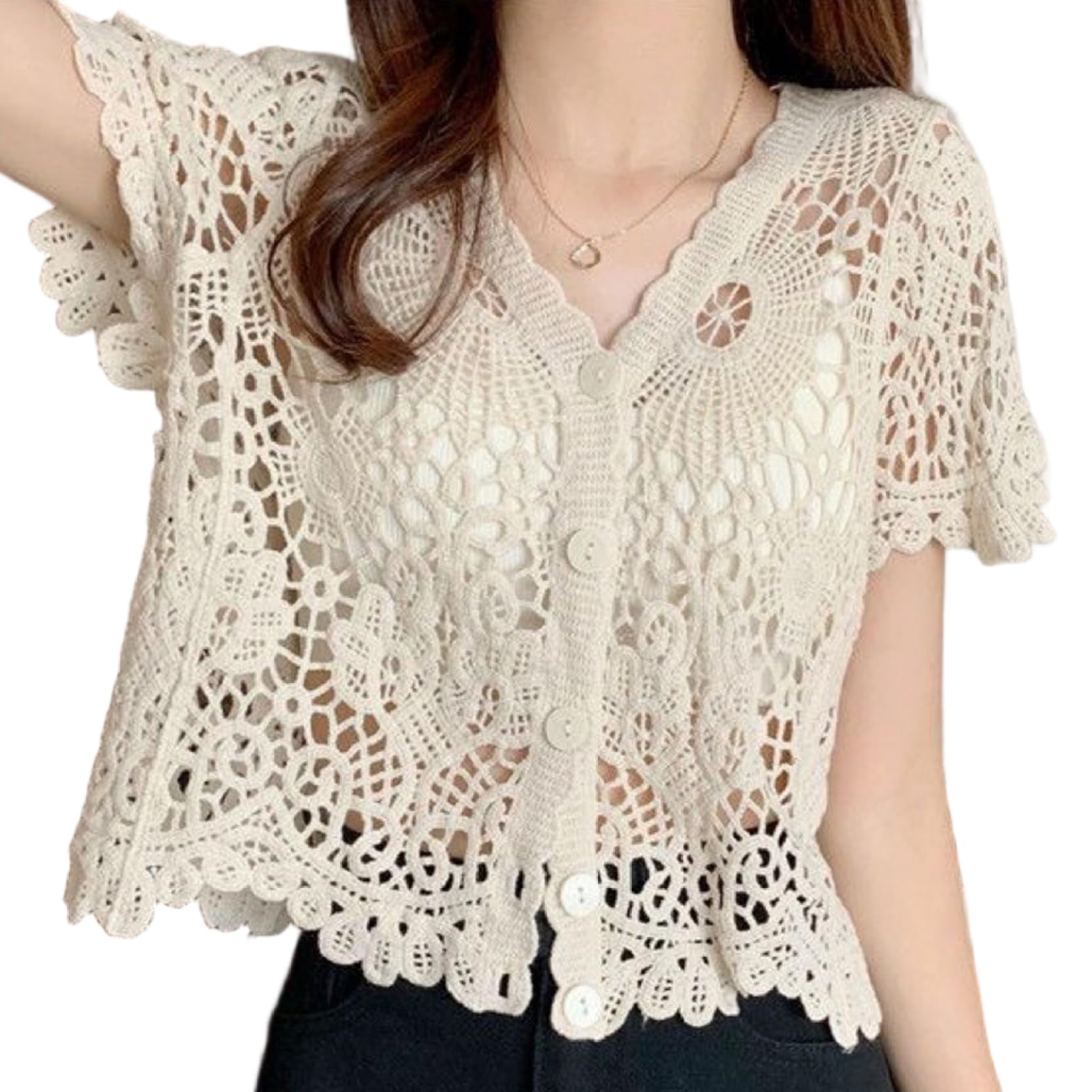 CNAFGBGG Lace Cardigan for Women, V Neck Short Sleeve Hollow Out White Lace Cardigan, Button Up Crochet Shrug for Summer, One Size..