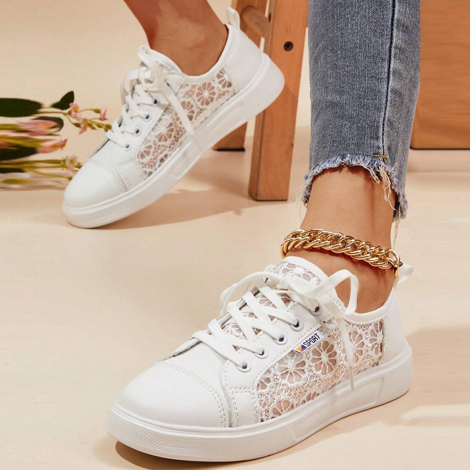 Zapatillas de mujer con flores de encaje zapatos casuales transpirables elegantes con cordones deportivas ligeras planas