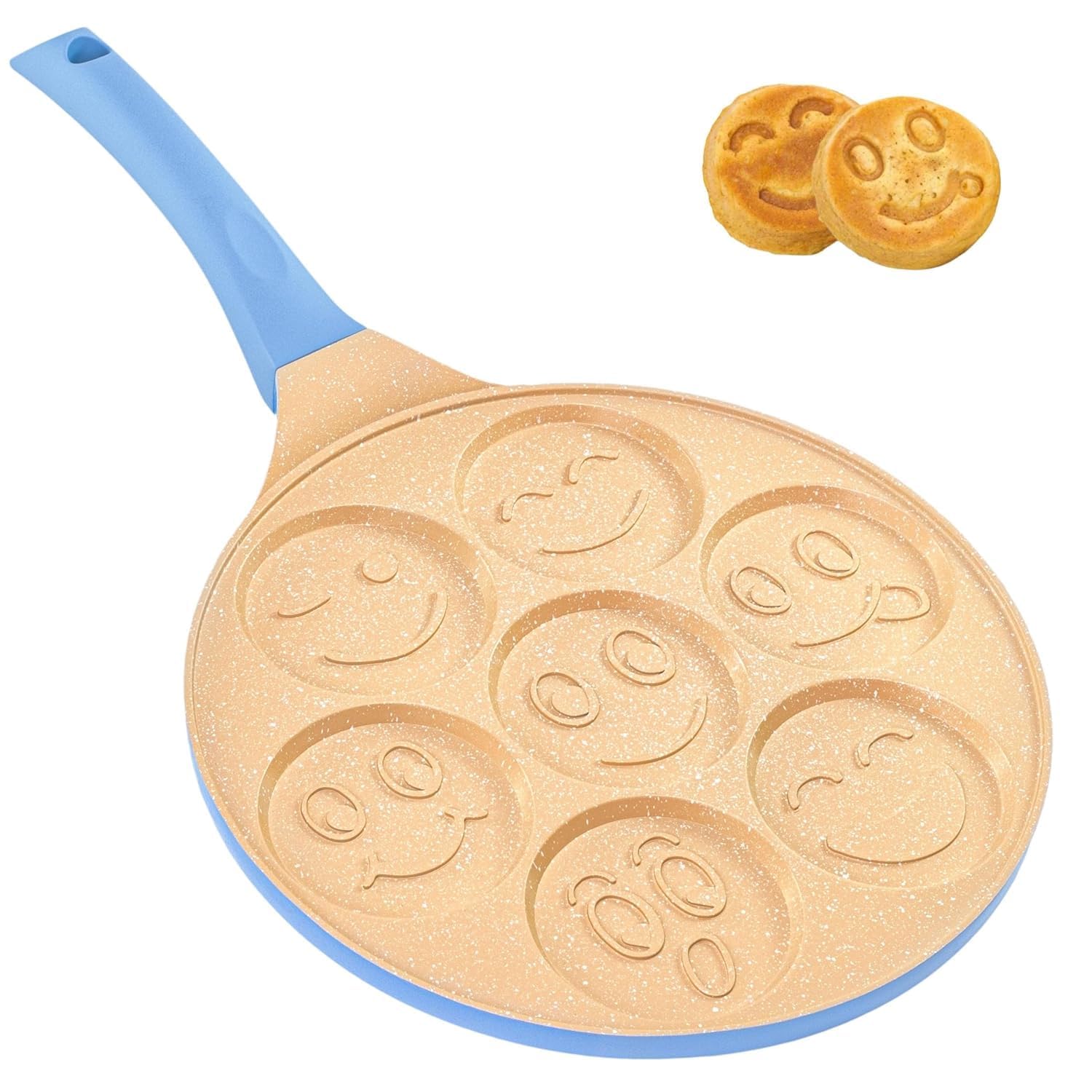 BHAVYAM Small Pancake Frying pan with Shapes Kids Breakfast Maker pan mini uttapam tawa Non Stick Fry pan for Omelette Pancake Griddle(Gas only-Without lid) (Smile Blue pan for Pancake)