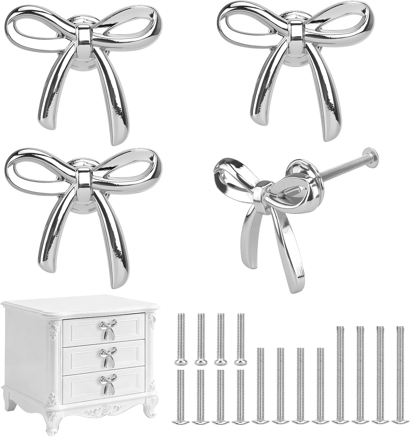 4 Pack Silver Bow Dresser Knobs Cute Drawer Knobs Decor Drawer Zinc Alloy Brushed Hardware Handles Pulls Vintage Cupboard Drawer Knob for Kitchen Cabinets Home Bedroom (4, Silver)(4, silver-4)