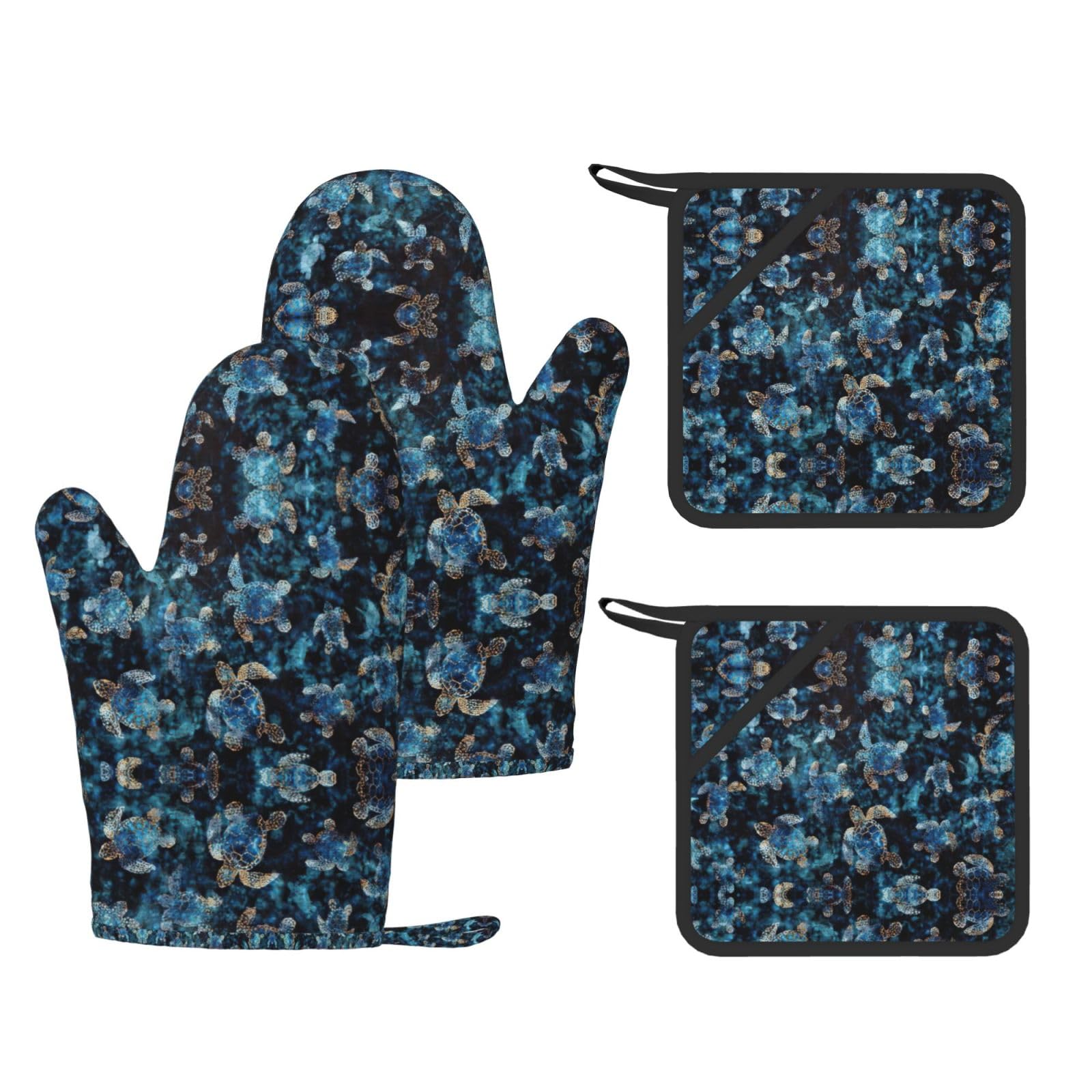 Sea Turtle Printed Cooking Mitts and Pot Holders 4 Pcs, Heat Resistant Oven Gloves with Hanging Loop Chef