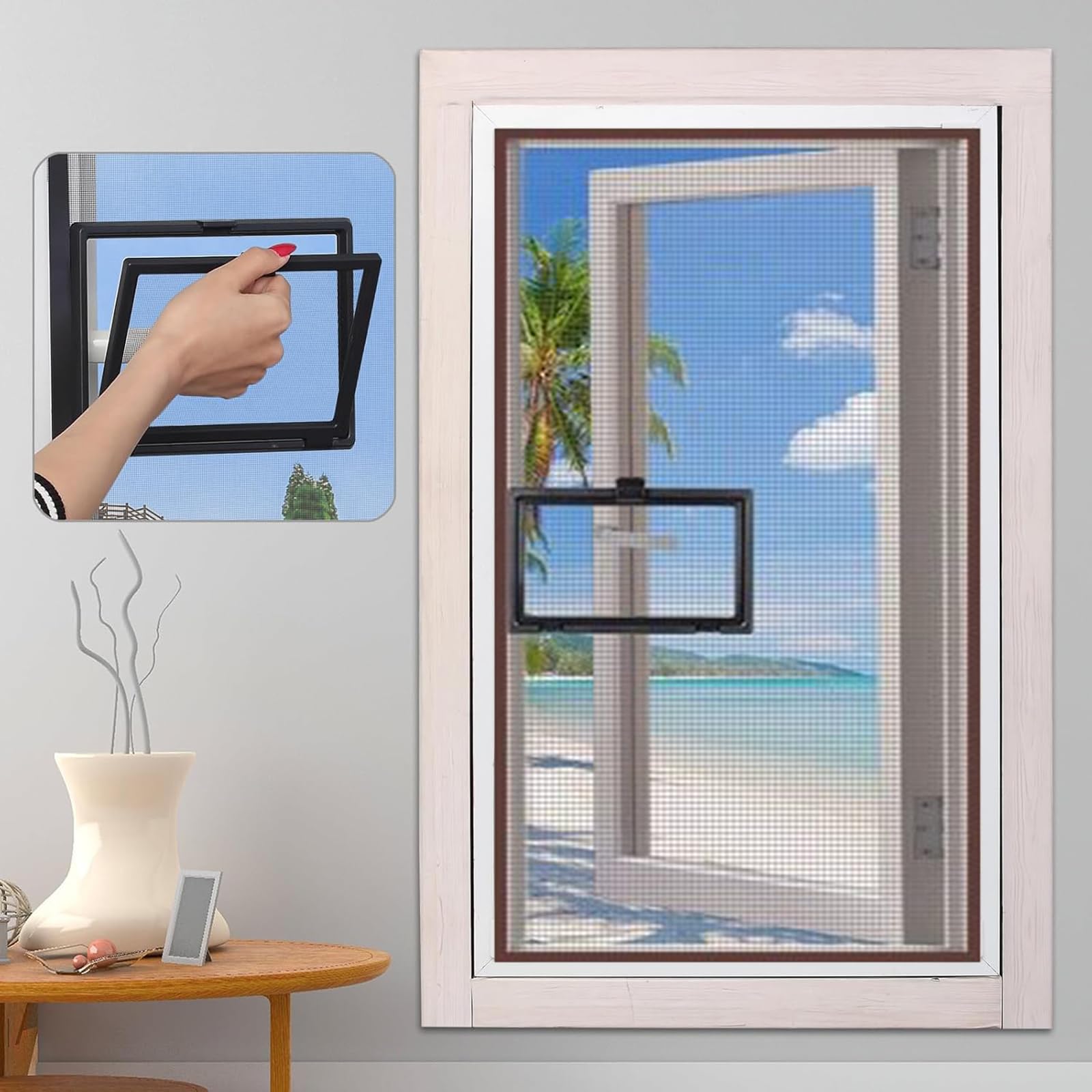 Moustiquaire fenêtre sans perçage marron 120x120cm avec filet anti-insectes adhésif lavable