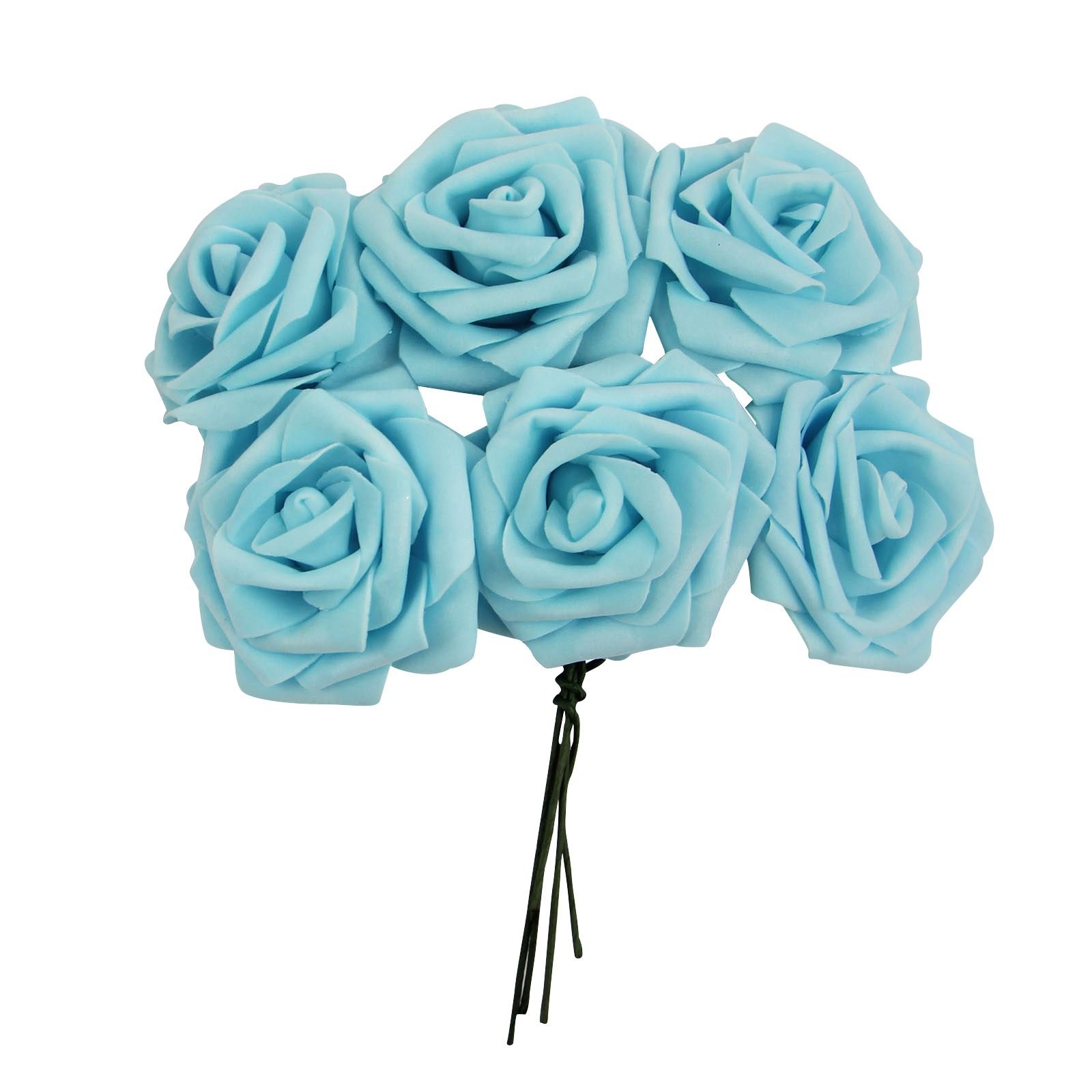 Bunch of 6 Large Colourfast Foam Roses! Wedding Craft Bridal Fake Silk Quality[Baby Blue]