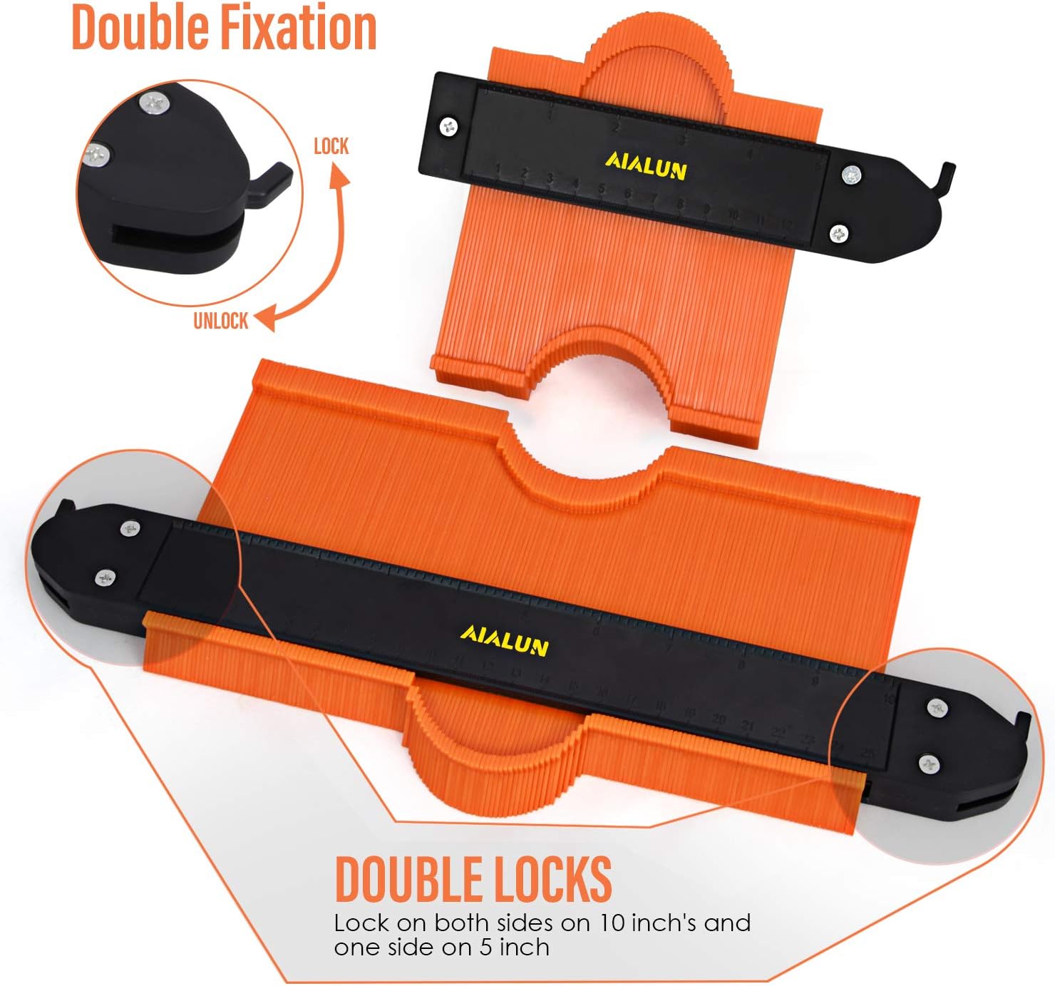 Contour Gauge Duplicator with Dual Lock, Aialun Widen Shape Duplication Gauge Tool 5”& 10”, 2 Pack Master Outline Measuring Plastic Ruler for Corners, Woodworking Templates, Tiles and Laminate