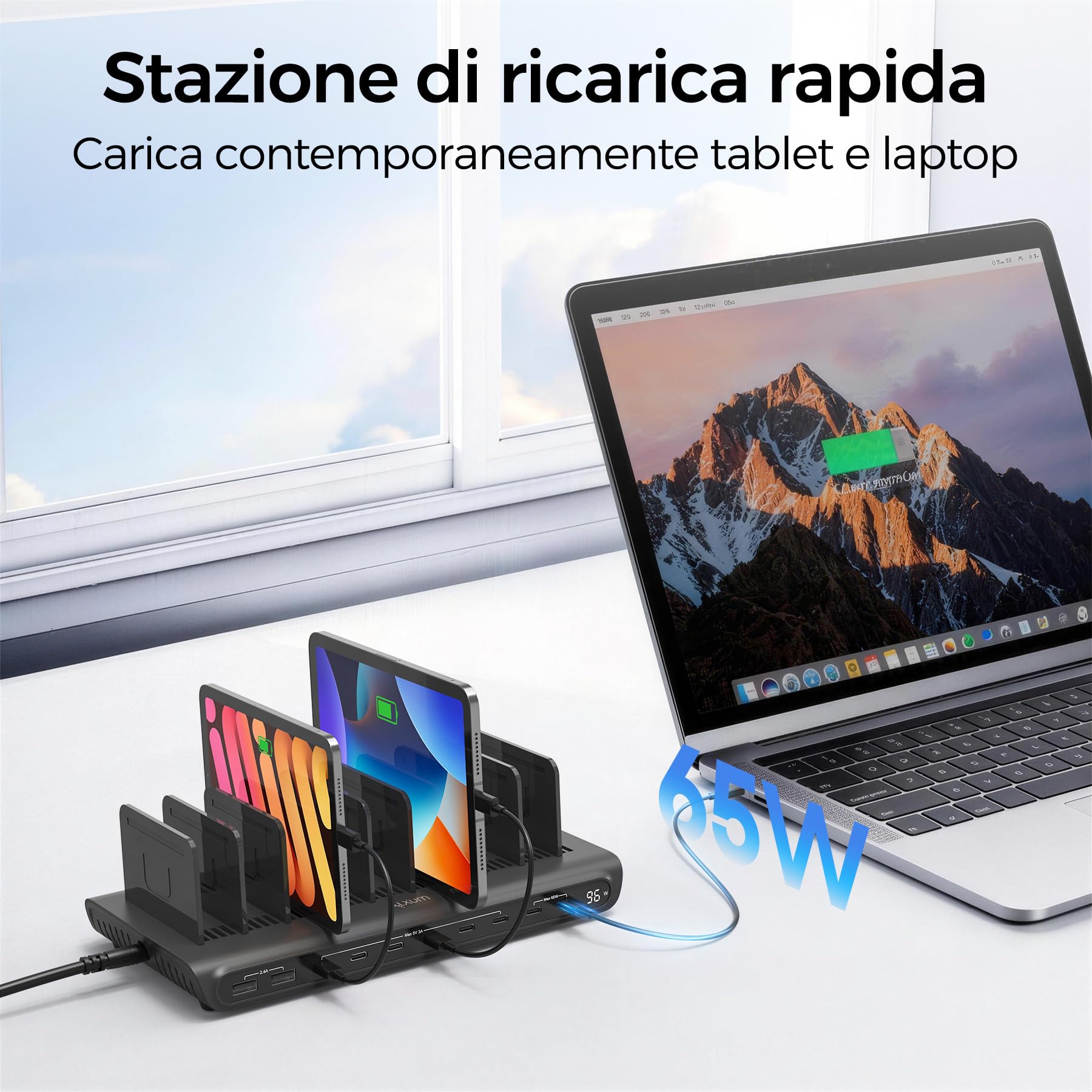 Alxum Stazione di Ricarica USB 10 Porte 120W, Caricatore Multiplo con Display LED, 8 Porte USB-C e 2 USB-A, Porta PD 65W e QC 3.0 Ricarica Rapida per iPhone, iPad, Tablet, Laptop, Ufficio, Scuola