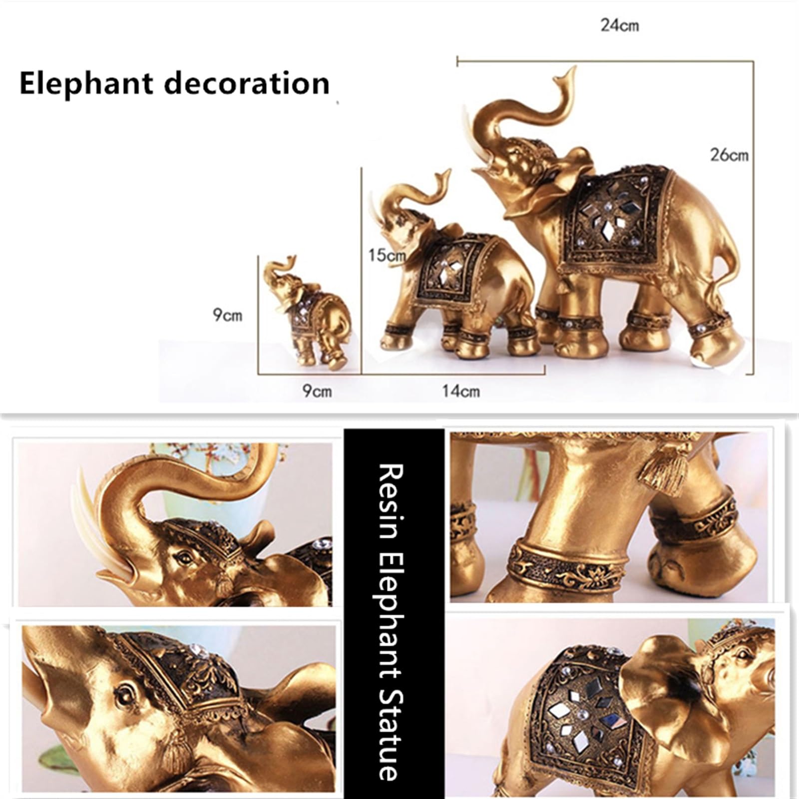 Figuras Decorativas Estatua de Elefante de Resina Dorada, Adornos Elegantes de Escultura de Tronco de Elefante para decoración del hogar Decoracion hogar(M 14 X 15 CM)