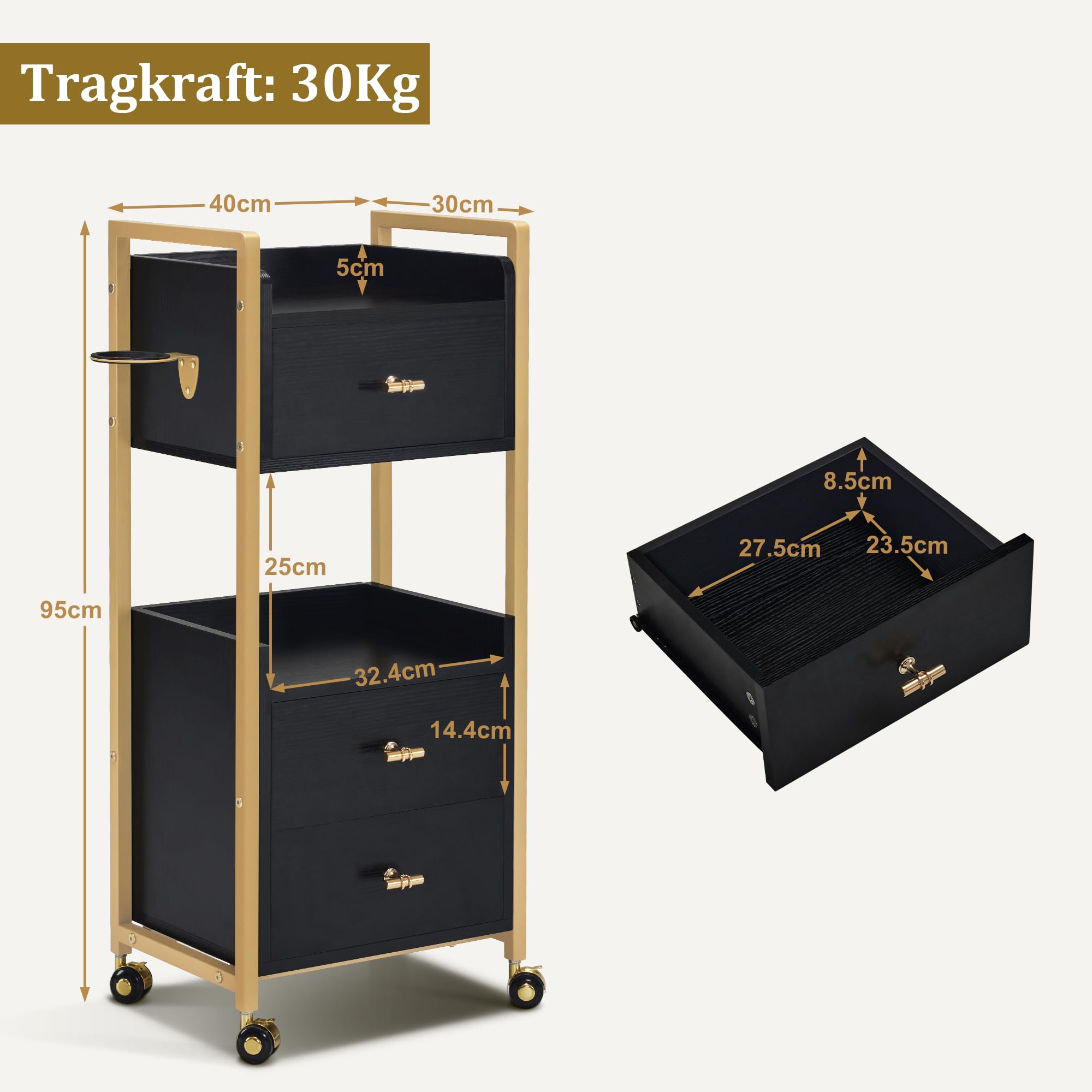 MCombo Chariot de Coiffure avec Roulettes 3 Tiroirs 2 Étagères Support Sèche-Cheveux 30x40x95cm