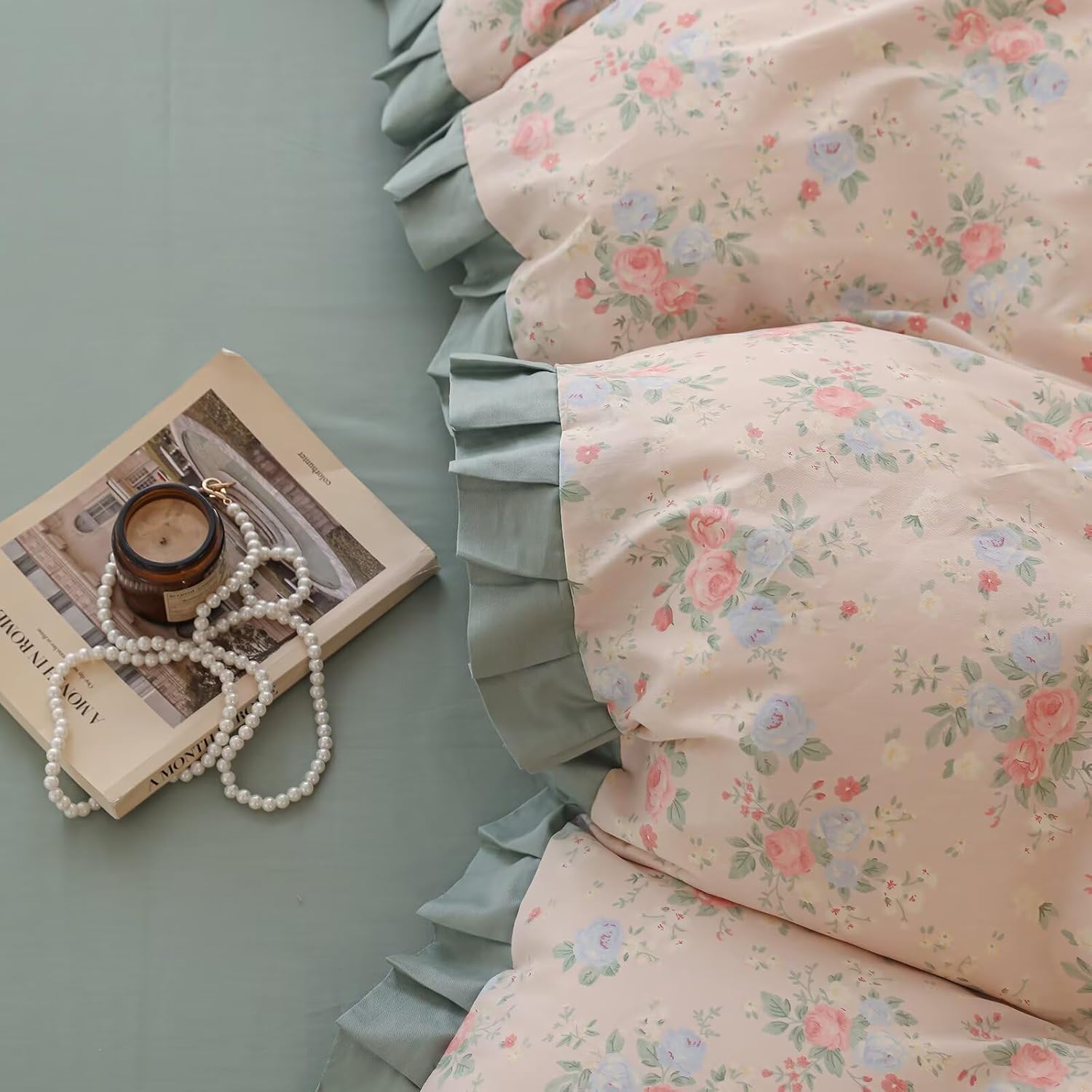 Green Ruffle Duvet Cover Full Chic Garden Style Blooming Bedding Sets Teen Girls,Super Soft Comfy 100% Cotton Quilt Covers,with Zipper Closure & Corner Ties