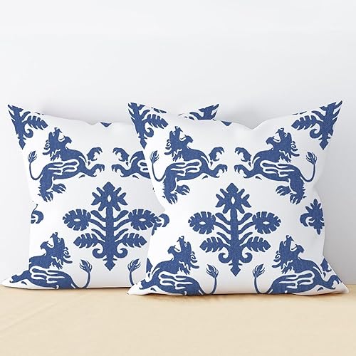 Miniatura 3 de Zyadsinoudor Blue Regalia Lion Pillow Cover Set of 2 Oriental Chinese Cushion Cases 22x22in Decorative Pillow Home Cotton Linen Elegant Accent