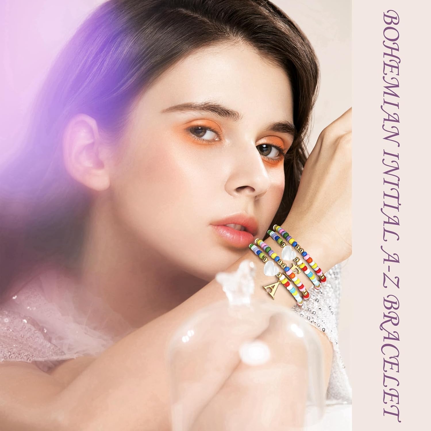 4PCS Colorful Initial Bracelets for Women Cute Beaded Heart Bohemian Initial A-Z Letter Bracelet Personalized Stackable Bracelets - Image 3