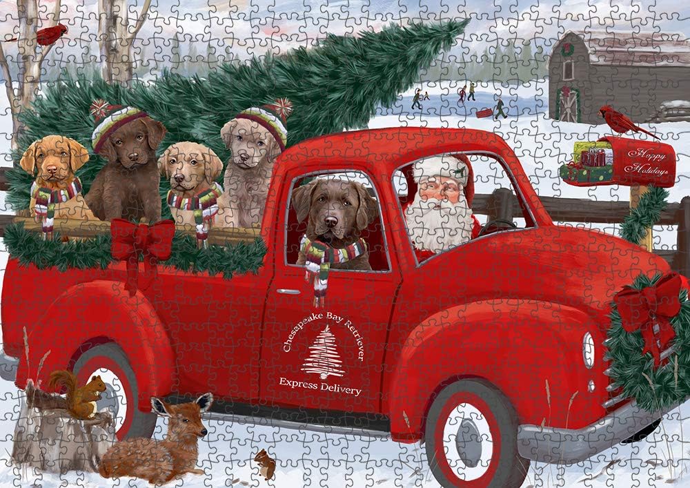 Christmas Santa Express Delivery Red Truck Chesapeake Bay Retriever Dogs Jigsaw Puzzle for Adults - Animal Printed Interlocking Puzzle Game Gift for Dog Lover's - 1000 Pcs 29.5"x19.7"