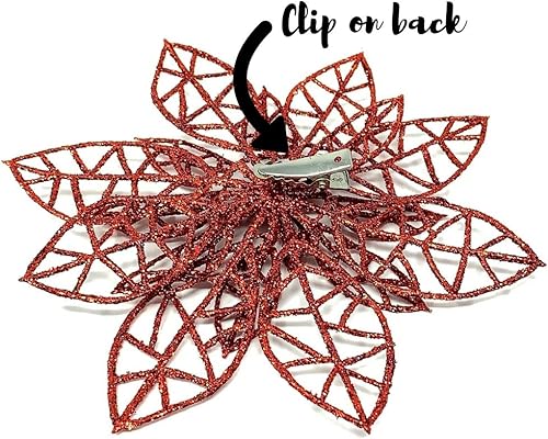 Miniatura 5 de Adornos de flor de pascua roja con clip, decoraciones navideñas, paquete de 12 flores de pascua con purpurina con clips de metal, cada flor mide 5