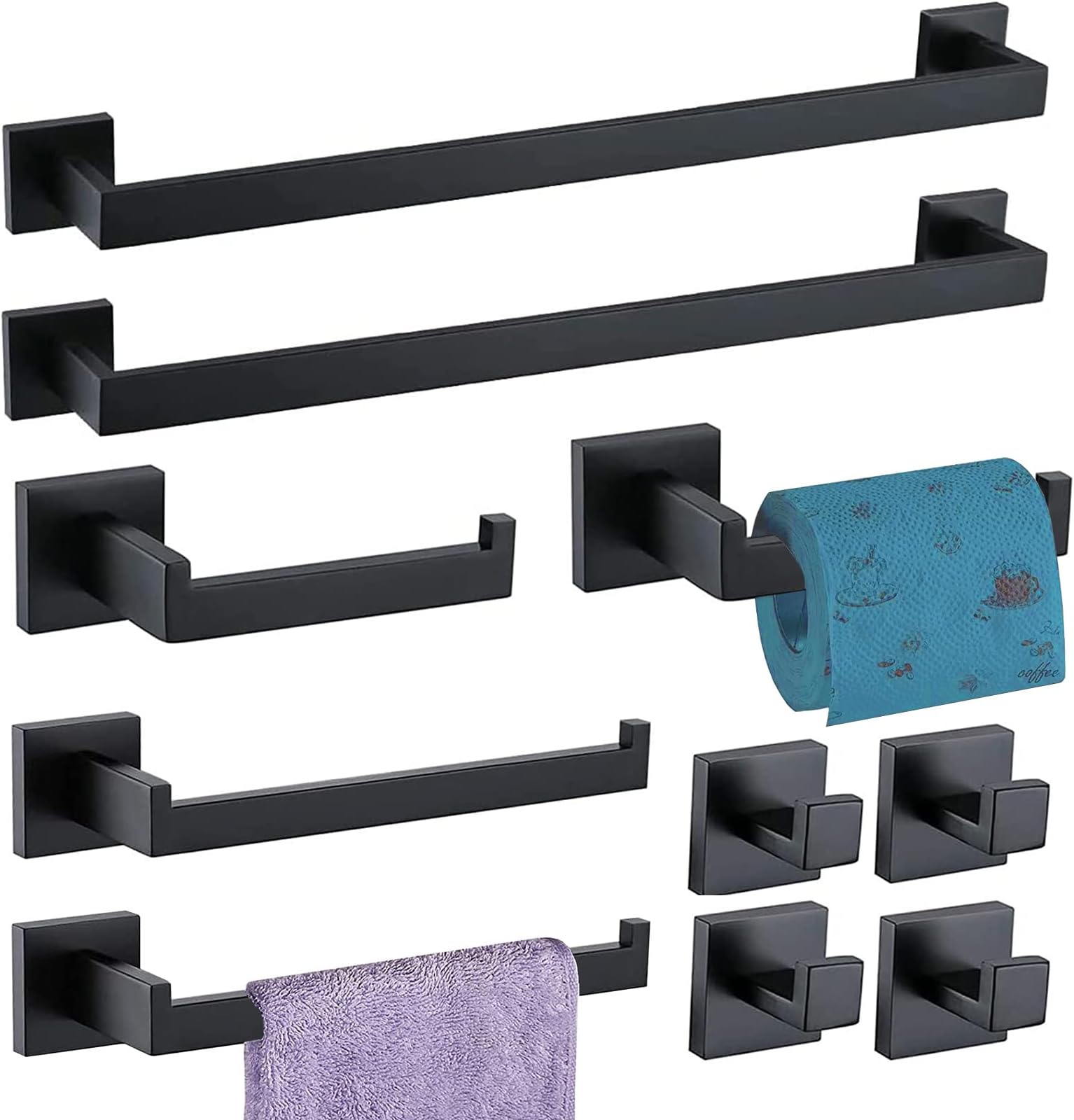 TAUN 10-Pieces Bathroom Hardware Set Matte Black Bathroom Accessories Set SUS304 Towel Bar Set Includes 2 Towel Bar-24 Inch+2 Towel Holder+2 Toilet Paper Holder+4 Towel Hook(Matte Black)
