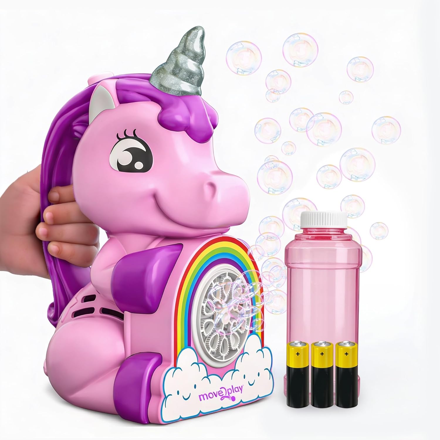 Move2Play, Unicorn Bubble Blower | Basket Stuffer | Bubble Machine | Toy for Toddlers, Boys and Girls | Indoor & Outdoor | Birthday Party | Summer Fun | Gift for Girl 1, 2, 3, 4+ Years Old