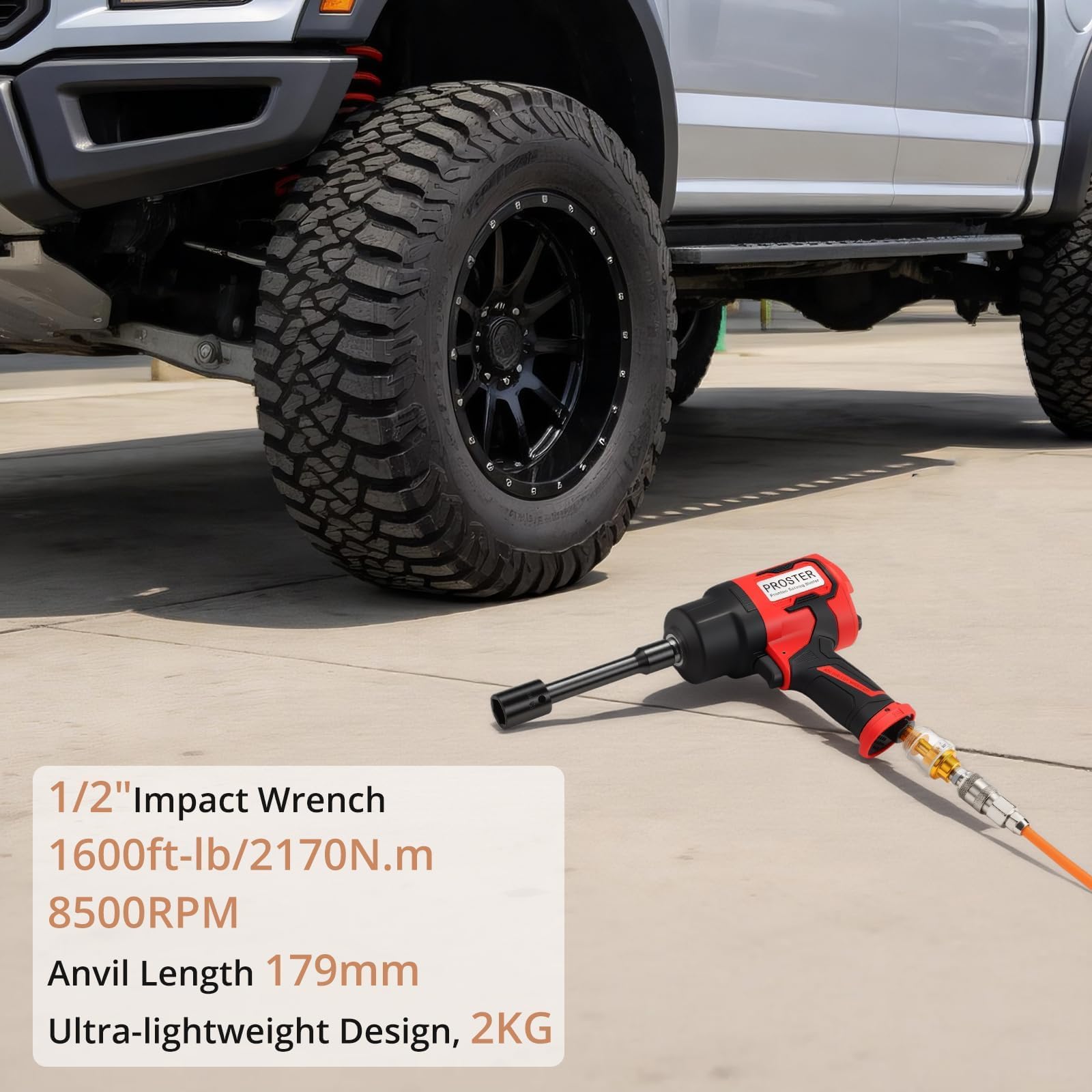Proster Llave de Impacto Neumática Pistola de Impacto 1/2" Atornillador de Impacto Neumática 1600ft-lb/2170N.m con 8 Llaves de Vaso 13-24mm para Uso en Automoción, Talleres y Garajes