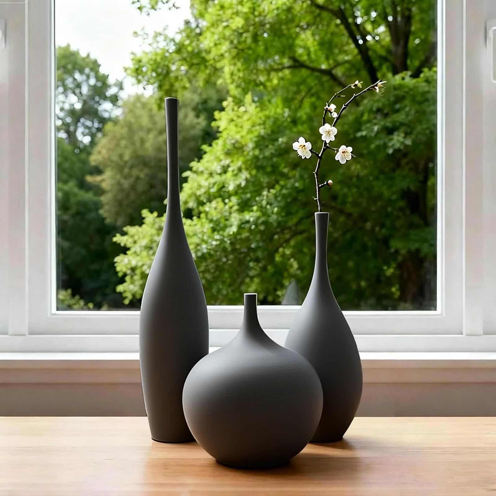 Relexome Vaso in Ceramica Nero Moderno Boho Wabi-Sabi Set di 3 Vasi Decorativi Estetici per Centrotavola Vasi Minimalisti Opachi per Soggiorno, Tavolo, Mensola, Decorazione della Casa, Regalo