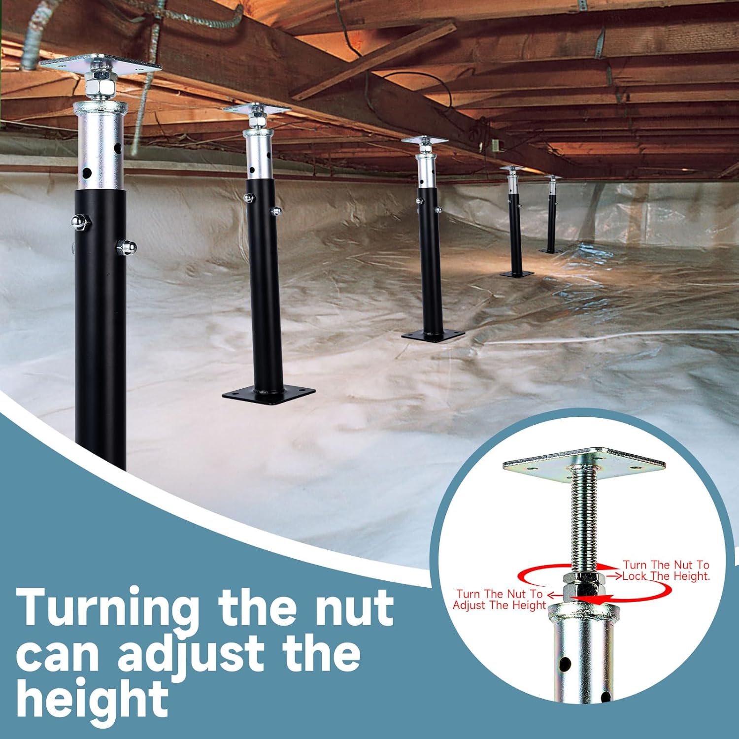 2 Pack Basement Floor Jack 20" - 33" Adjustable Jack Adjustable Support Beam House Jack Post - Suitable for Cellar Ceilings, Underground Passage, basements, Underground bunkers