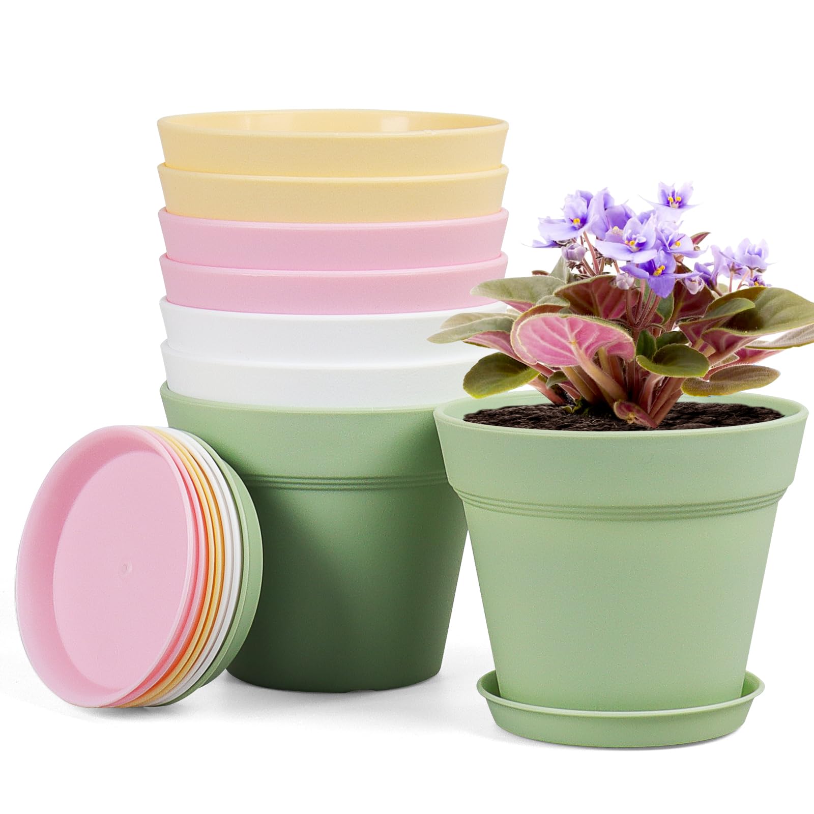 Set Di 8 Vasi Da Fiori Con Sottovaso, 10 Cm, in Plastica Con