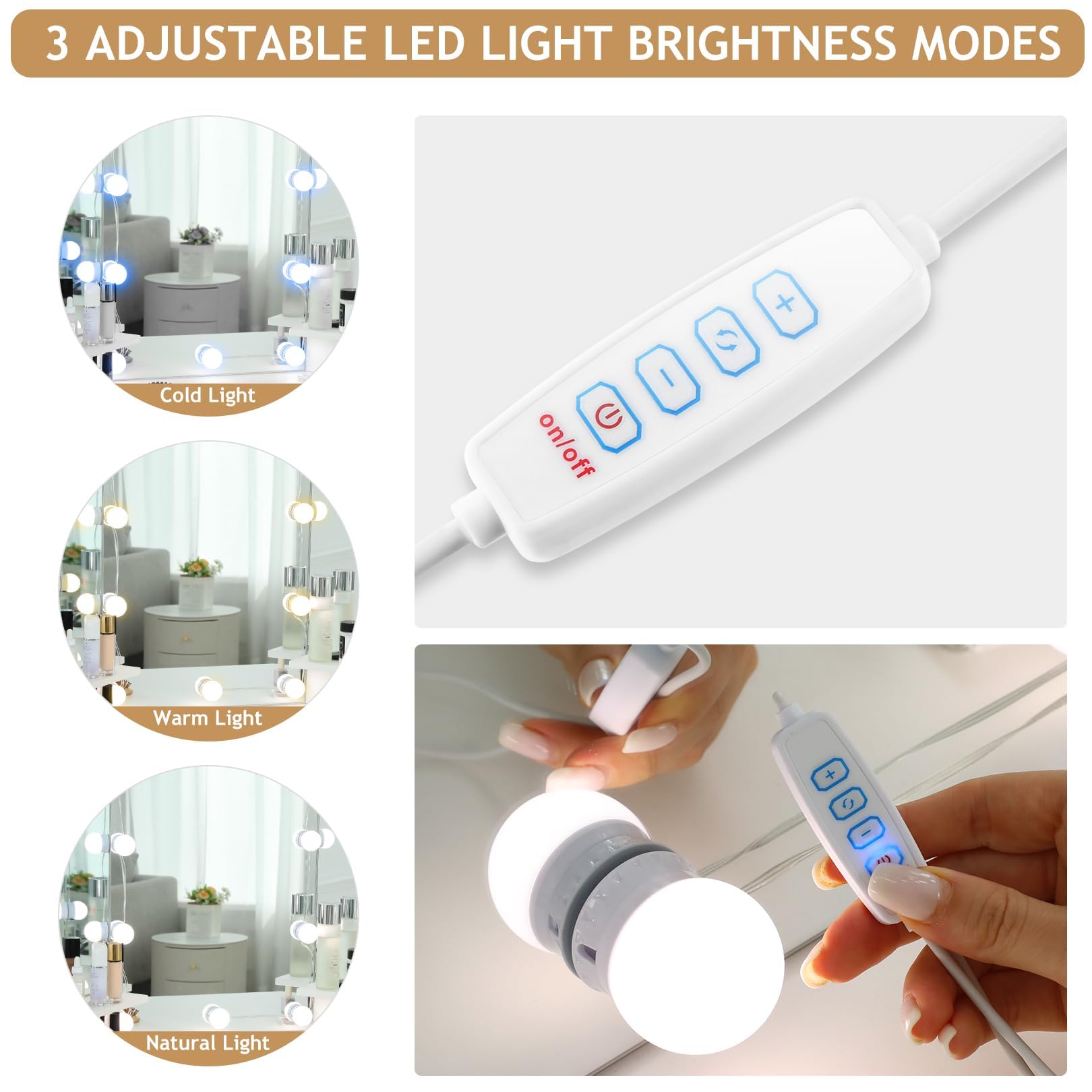 elifine Vanity Desk with Mirror and Lights, Makeup Corner Vanity with 5 Storage Drawers Shelves and 3 Dimmable Lighting Options and Vanity (Black)