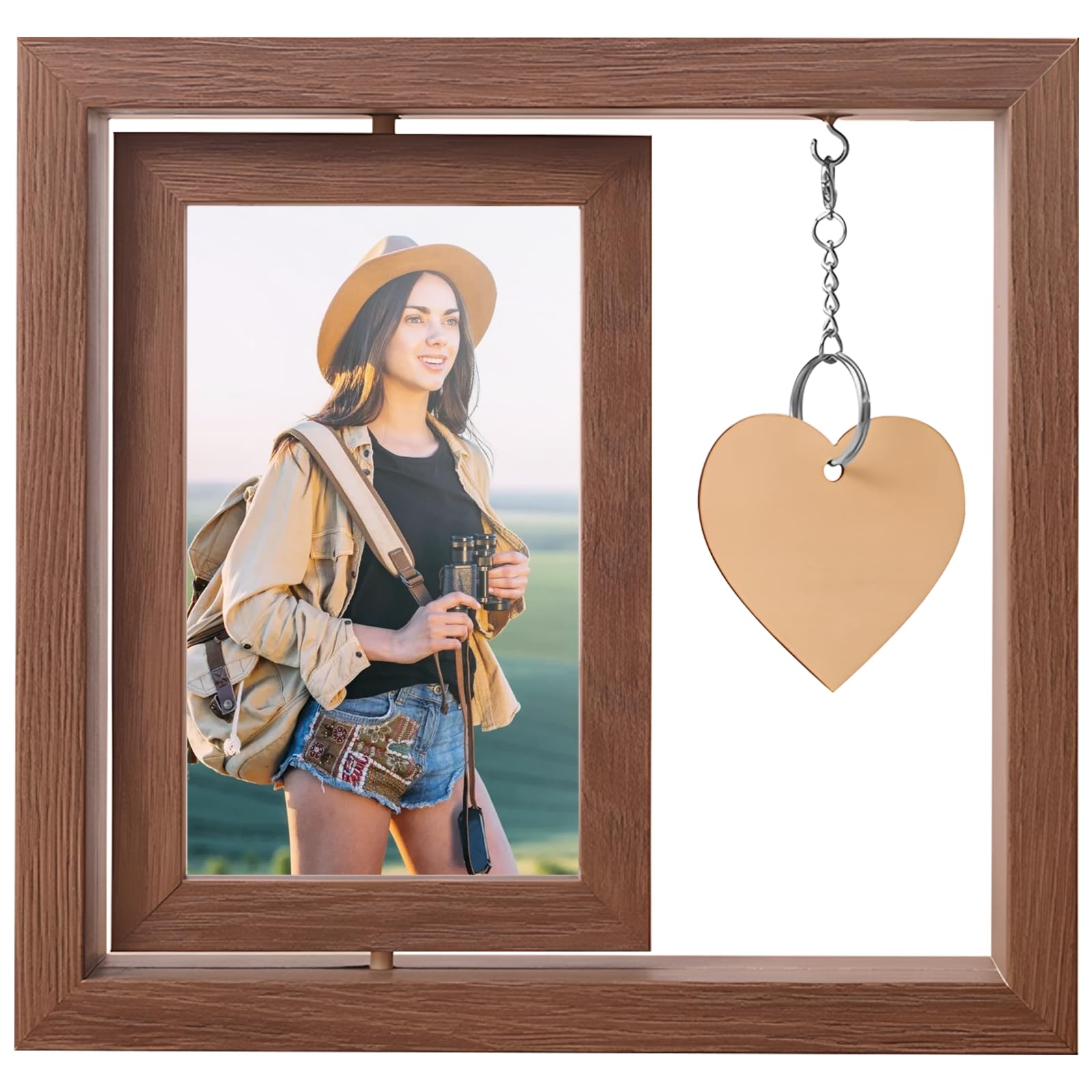 Packool 6-Inch Double-Sided Rotating Wooden Photo Frame, Personalized Couple Gift with Heart Pendant, Memorial Picture Frame for Loss of Loved Ones, Brown Vertical Frame