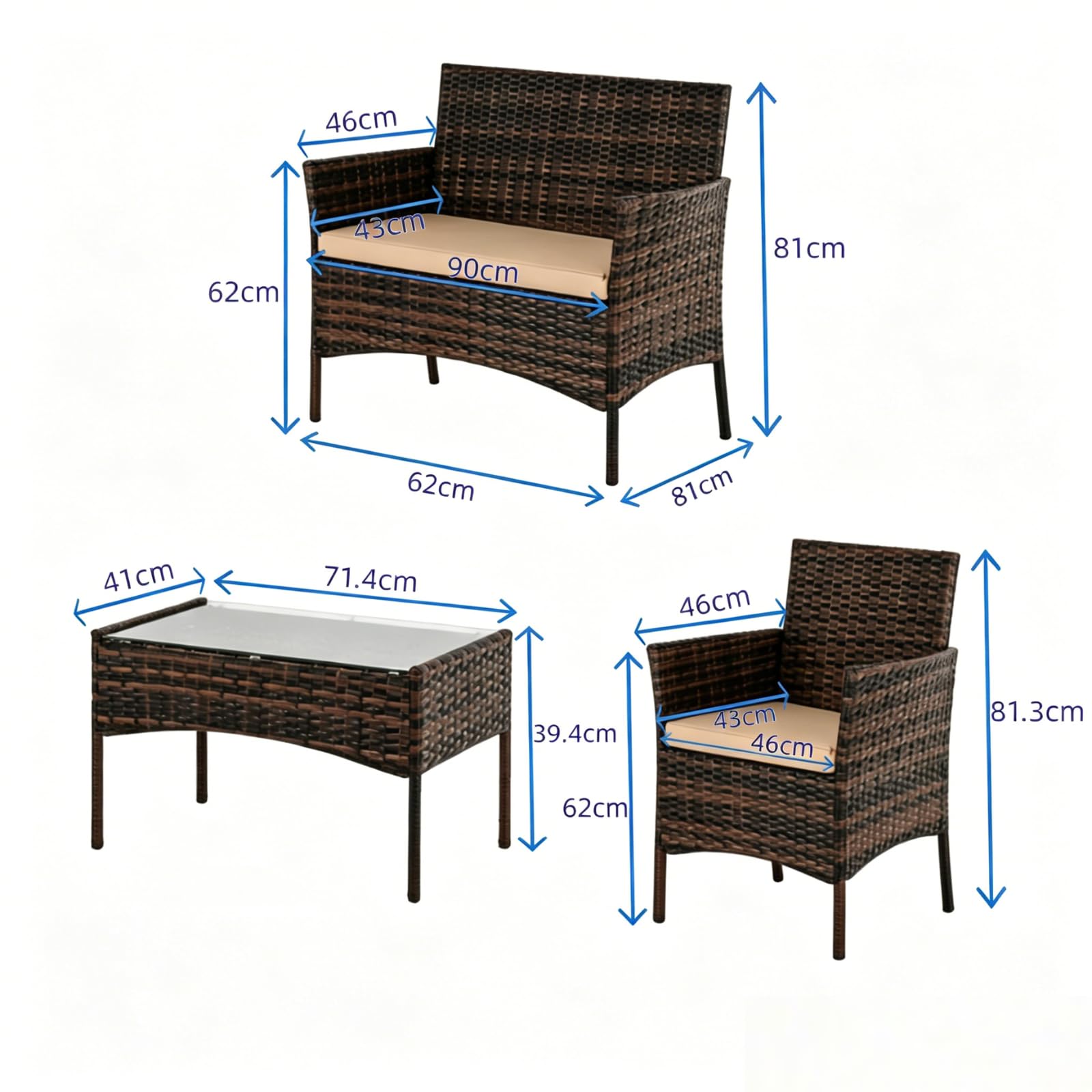 Alightup Ensemble Salon de Jardin Exterieur en Resine 4 Meubles Résine Tressée Ensemble Table et Chaises Coussins d´Assise Amovibles Canapé 1 Table en Verre Trempé Gain de Place