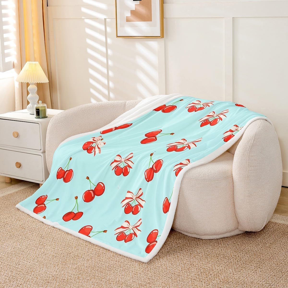 Feelyou Cherry Plush Blanket for Bed Sofa Couch Cartoon Cherry Sherpa Blanket Boys Girls Pink Bow Plush Blanket for Bed Sofa Couch Blue Pink Fuzzy Blanket Twin 60"x80"
