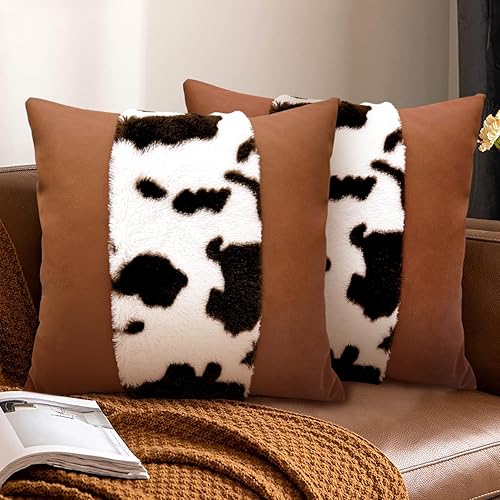 Miniatura 1 de Juego de 2 fundas de almohada de piel sintética con cuero, fundas de almohada decorativas de felpa suave y esponjosa para sala de estar, sofá y