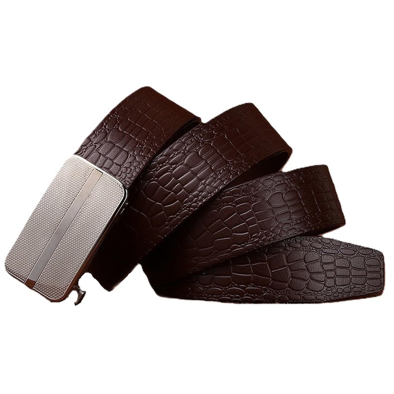 AGUTALITHIC Men Women Ratchet Crocodile Pattern Cowhide Leather Belt with Silver Square Automatic Buckle 3.4cm Embossed Strap(110cm/43, Coffee)