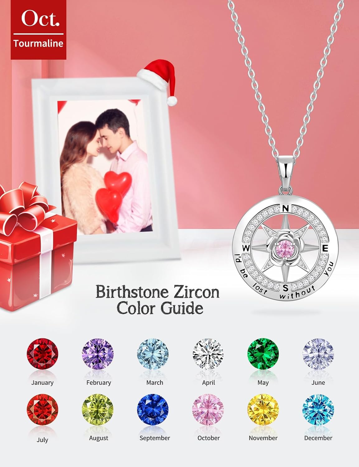 Silver Compass Necklace for Women Birthday Gifts for Wife Anniversary Necklace for Women Rose Flower Birthstone Necklaces for Wife Jewelry for Womens Girlfriend Mom Daughter - Image 3