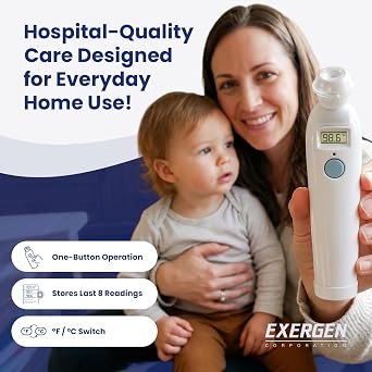 Exergen TAT-2000C Temporal Artery Thermometer for Kids, Newborns & Adults, Soft Glow Display, Silent Mode, 9V Battery Included