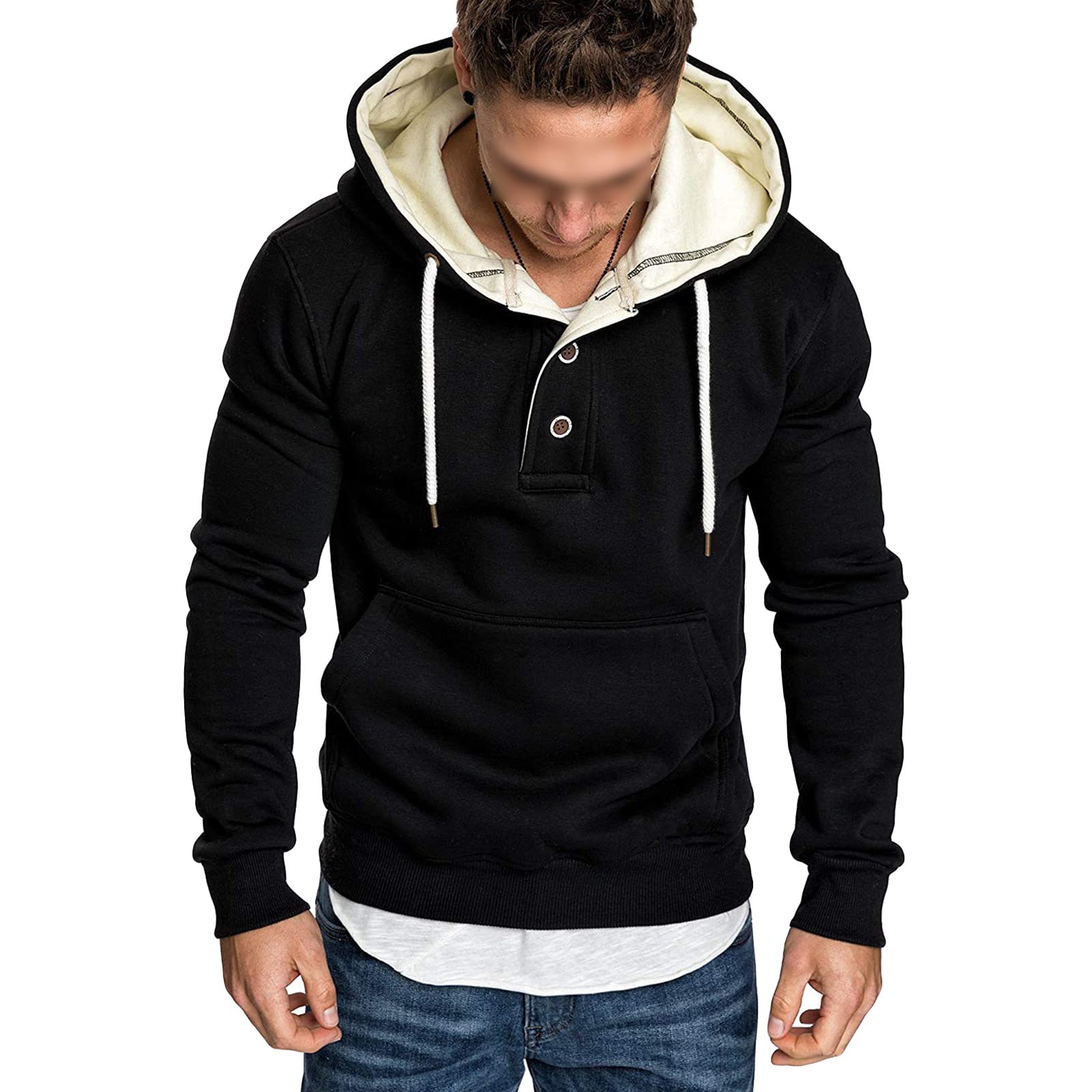Maiyifu-GJ Men's Solid Color Sport Fleece Hoodie Casual Long Sleeve Henley Sweatshirt Slim Hooded Pullover With Kanga Pocket (Black,XX-Large)