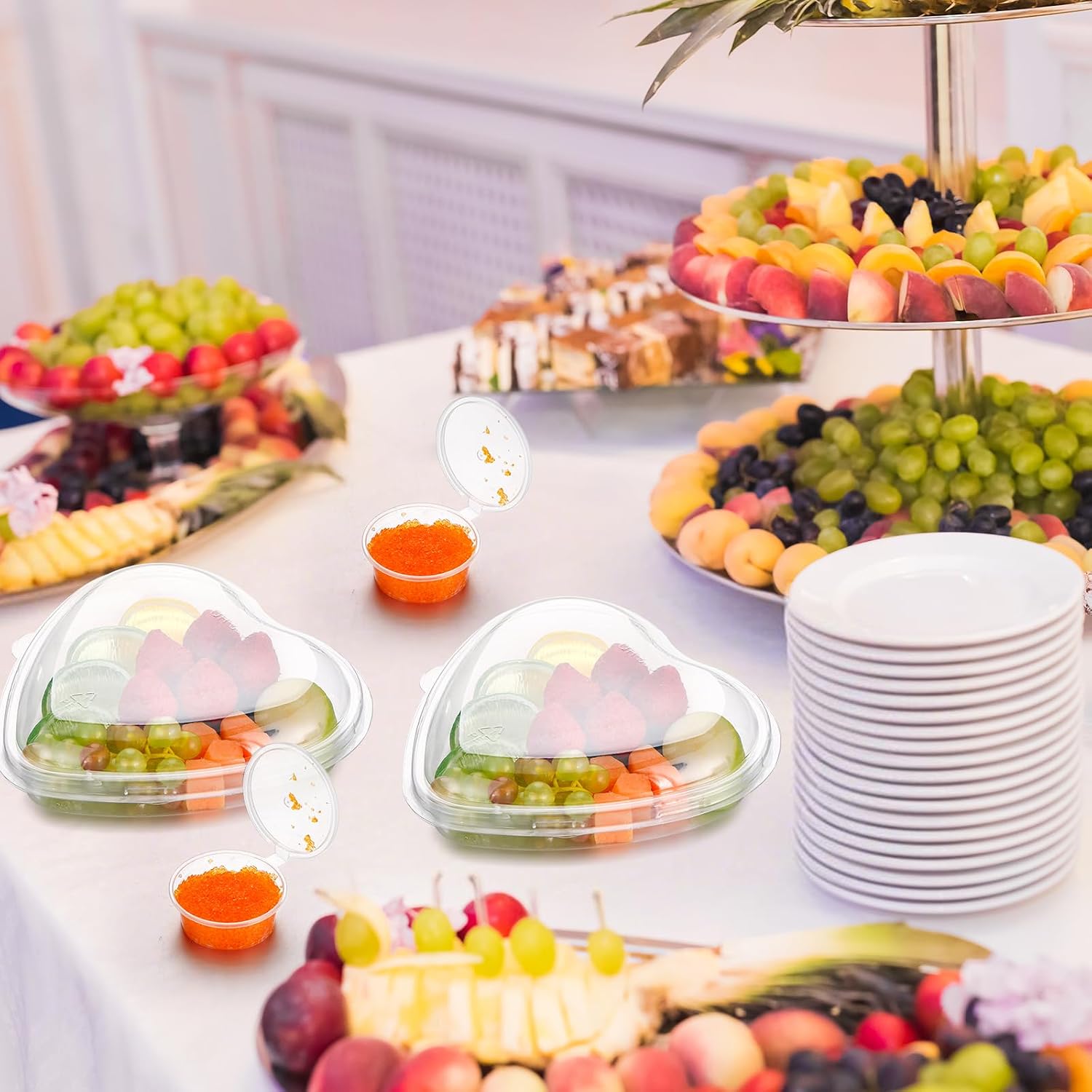 30 Set Heart Fruit Tray with Lid 7. 5 Inch Disposable Veggie Appetizer Tray with 2 oz Clear Plastic Dip Cup for Serving Party Dessert Cups Food Dip Platter Container for Veggie Snack Party