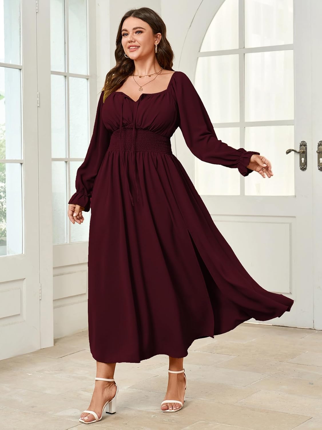 Women's Plus Size Dress Long Sleeve Smocked Dress Square Neck Tie Front Split A-Line Maxi Long Dresses - Image 7