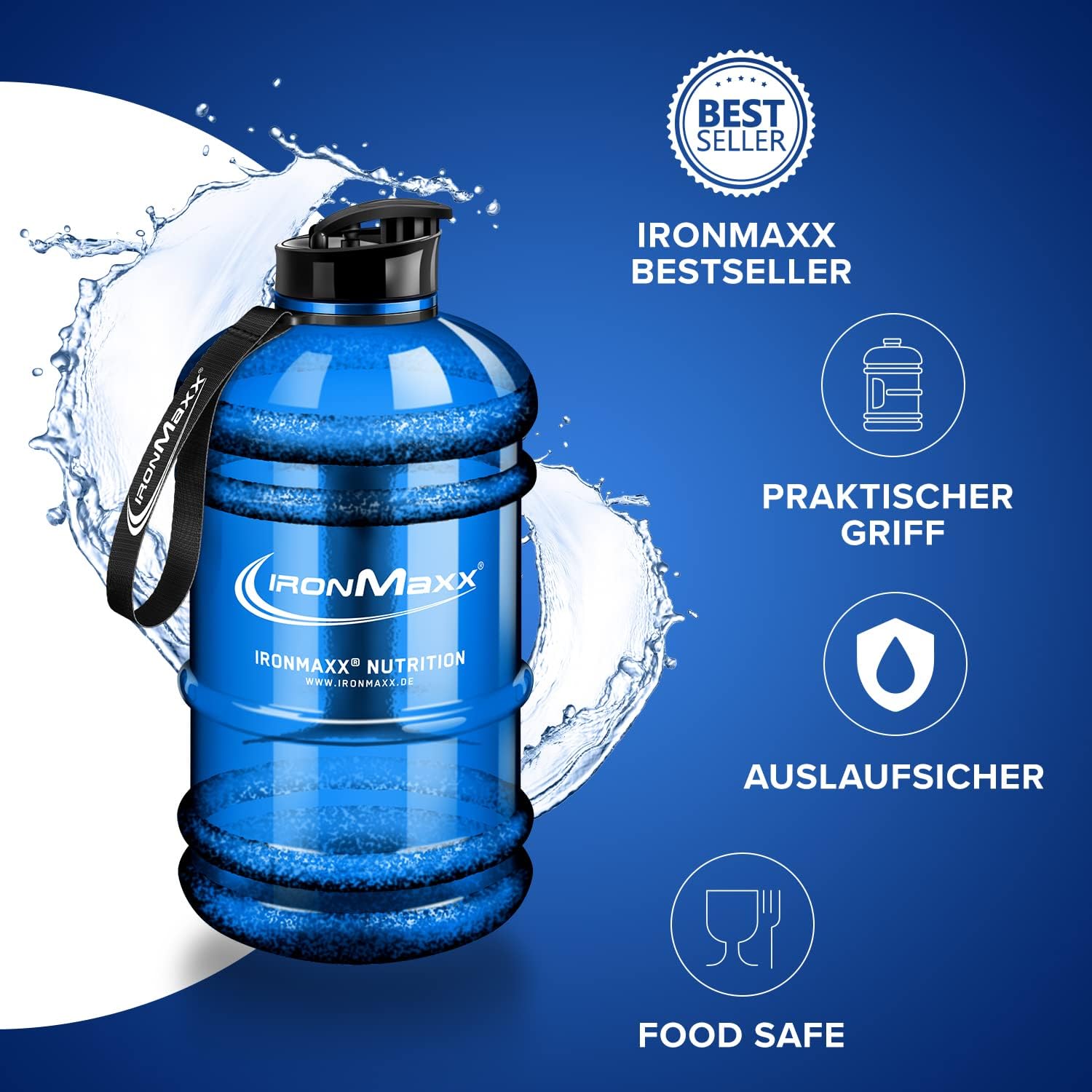 IronMaxx Water Gallon – 2,2l auslaufsichere Fitness Trinkflasche aus Plastik – BPA frei – blau Matt