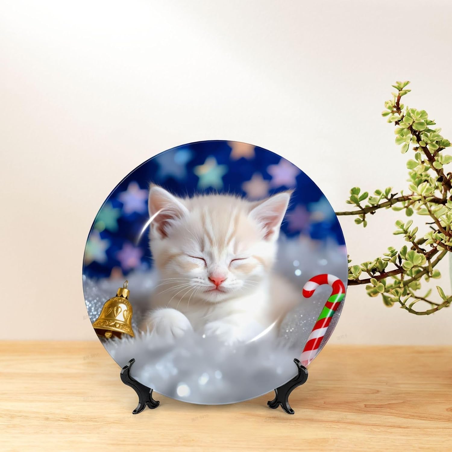 Sleeping Kitten Holiday Cheer Style Ceramic Plate Display Decorative Plate With Stand Wall Hanging Plate For Home Decor 10 Inch