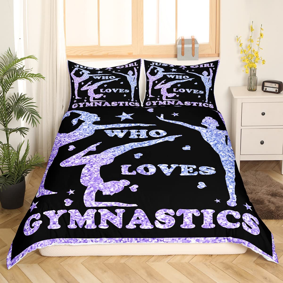 Gymnastics Bedding Set Girls Gymnastics Lovers Bedding Duvet Cover Set for Daughter Girls Kids Gymnast Sports Decor Comforter Cover Set Purple Glitter Bedspread Cover Bedroom Quilt Cover King Size - Image 4
