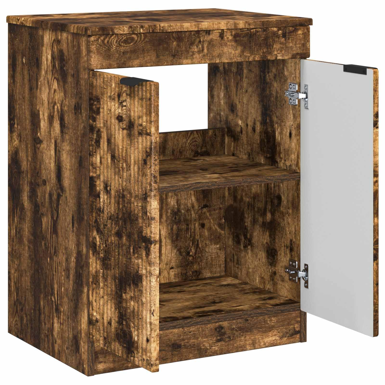 Mueble de baño de roble ahumado, 54 x 41 x 70 cm | Elegante mueble de lavabo para baño de invitados con orificio de placa flexible y mango negro.