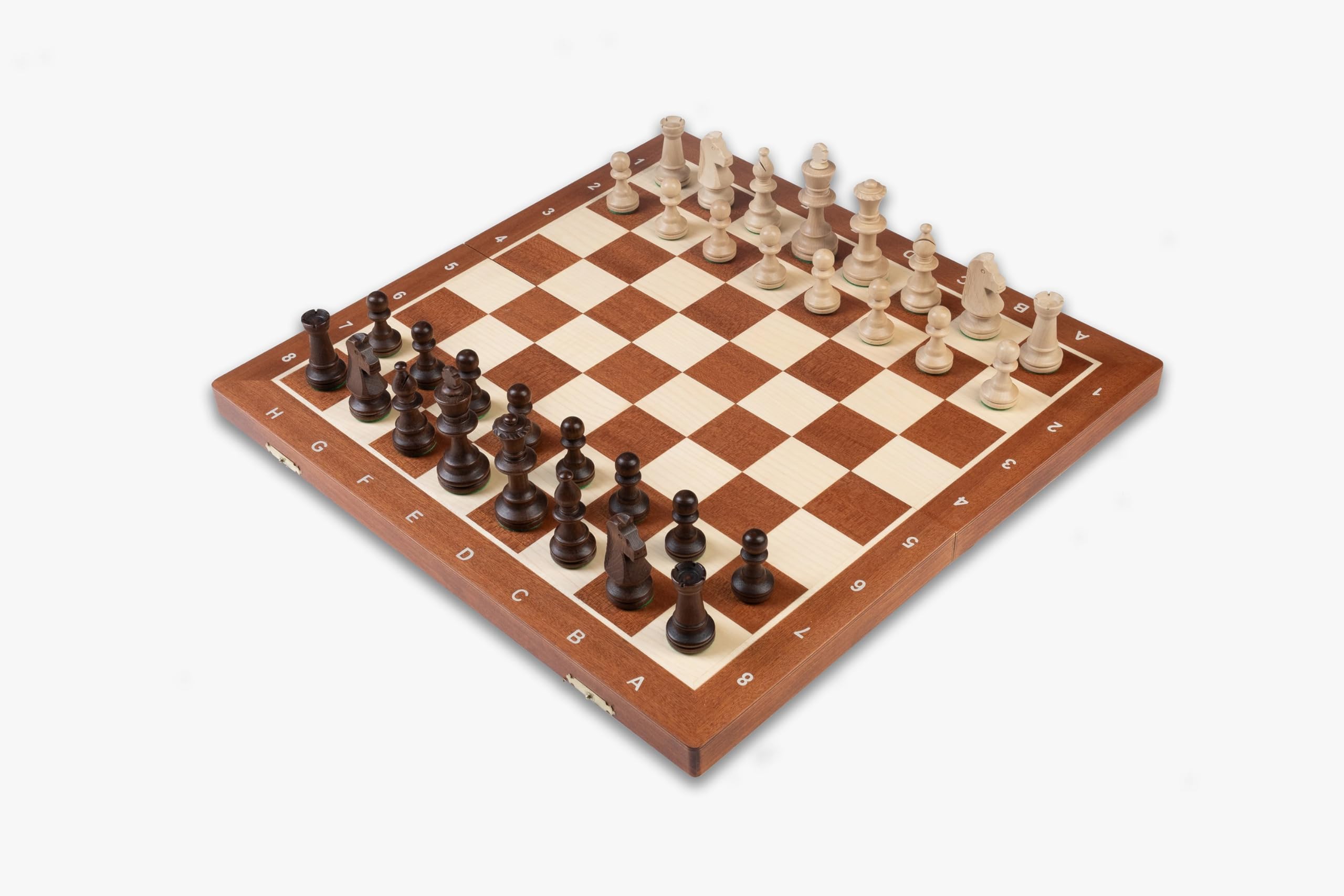 Holz Schachspiel, Staunton-Design, Klappbare Kassette mit Intarsien, Königshöhe 90mm, Feldgröße 50mm, Brett 47cm, Braun-Beige, mit Veloureinlage und Figurenset