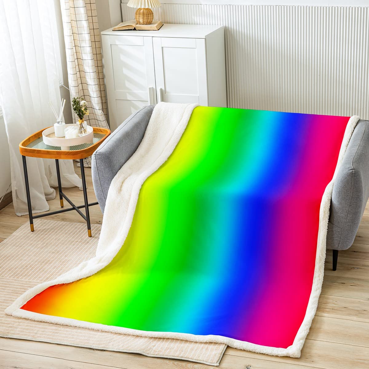 Rainbow Sherpa Blanket Multi Color Stripes Fleece Throw Blanket for Kids Boys Girls Colorful Geometric Stripes Plush Blanket Soft Fuzzy Blanket for Bed Sofa Bed,Single 50x60 Inch