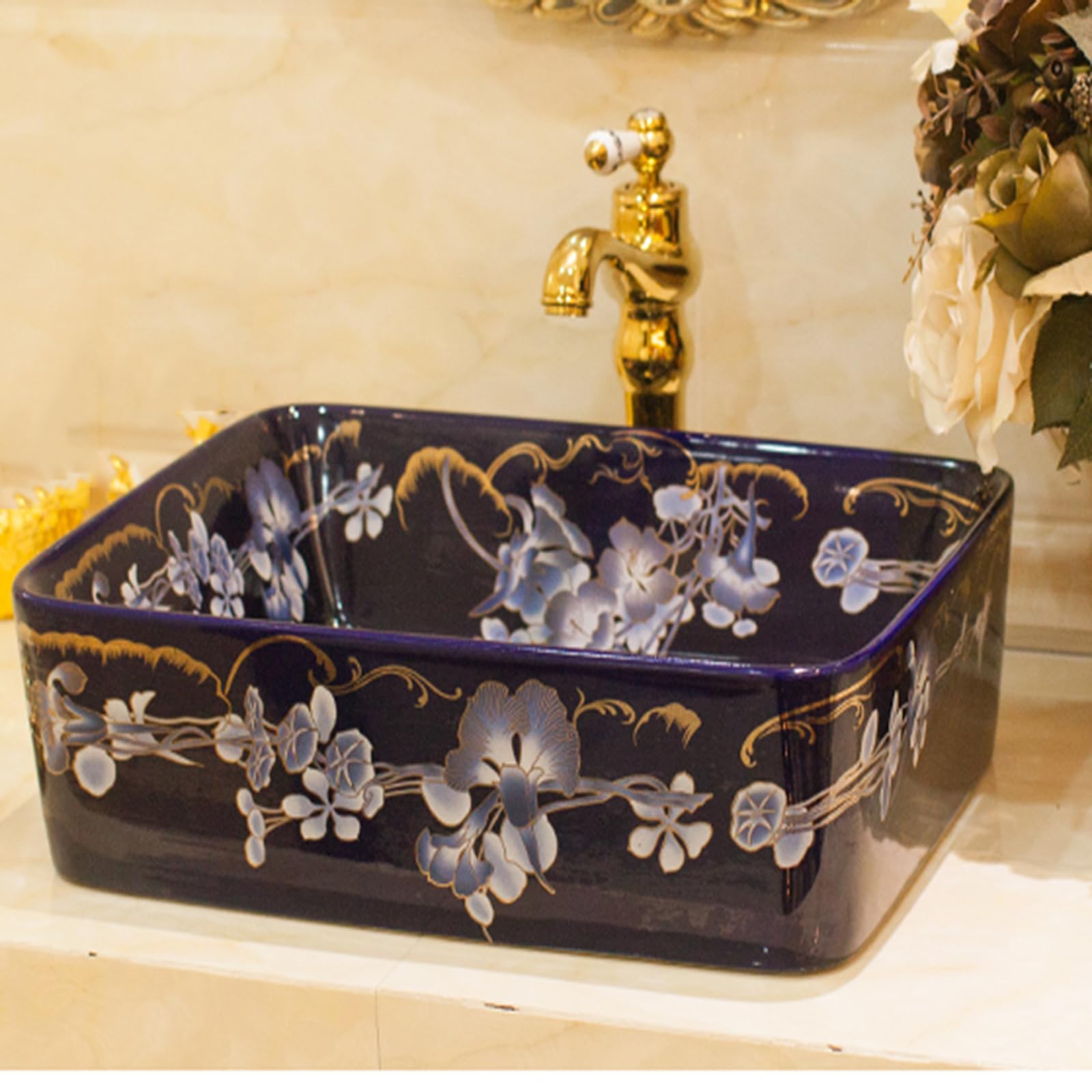 Aioneer Rectangle Vessel Sink,Bathroom Sinks With Faucets Combo Bathroom Sink For Coutertop Ceramic Vessel Washbasin For Lavatory Bathroom - 18.9" L X 14.6" W X 5.1" H