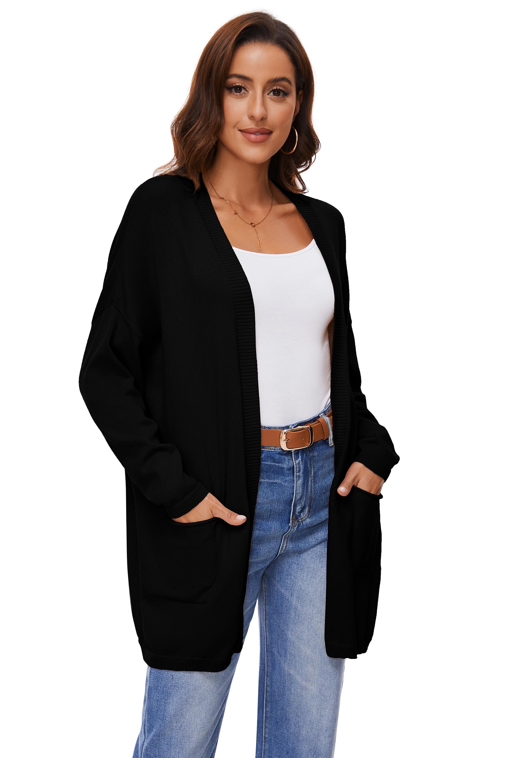 Cárdigan Abierto De Manga Larga 100% Algodón para Mujer con Bolsillos, Suéter Casual Suelto Y Ligero, Negro, XL