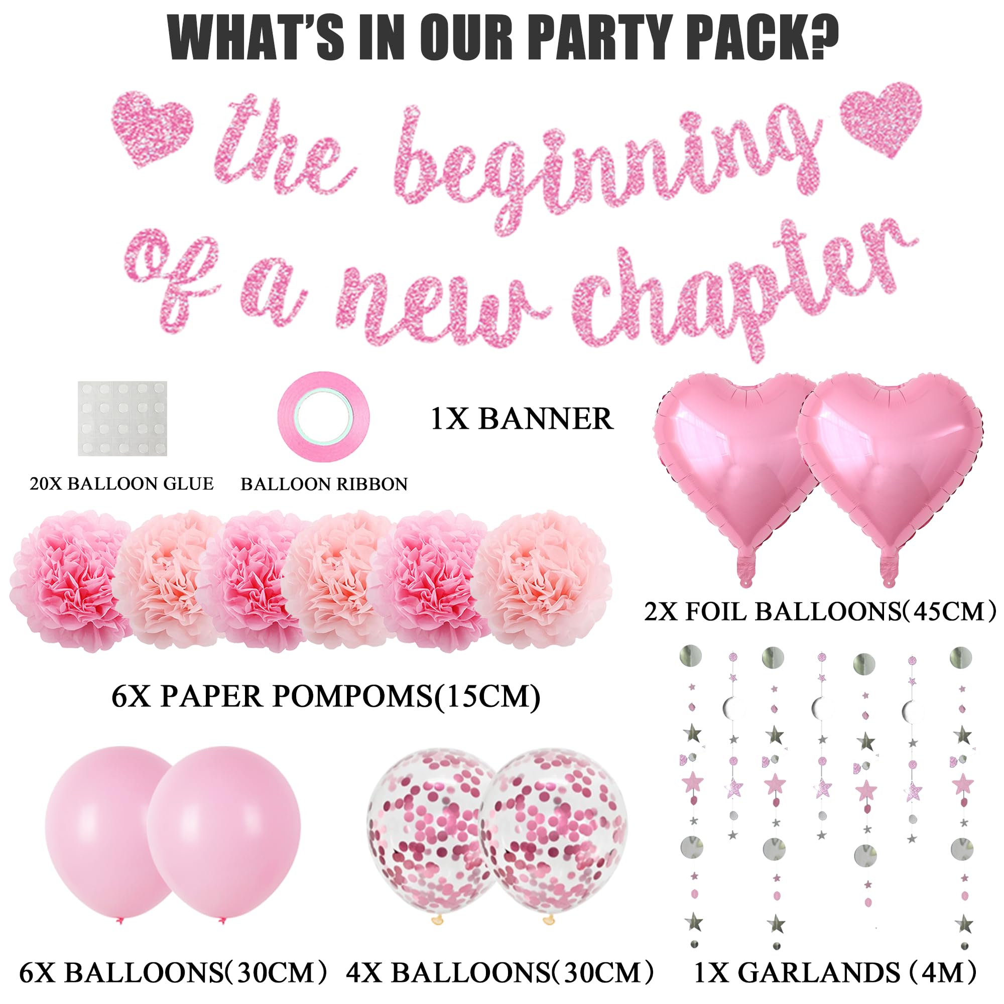 Congratulations The Beginning of a New Chapter Banner, Graduation Decorations Glitter Banners Pink Garland Paper Pompoms, Farewell Party Supplies for Retirement Job Change Divorce Decoration